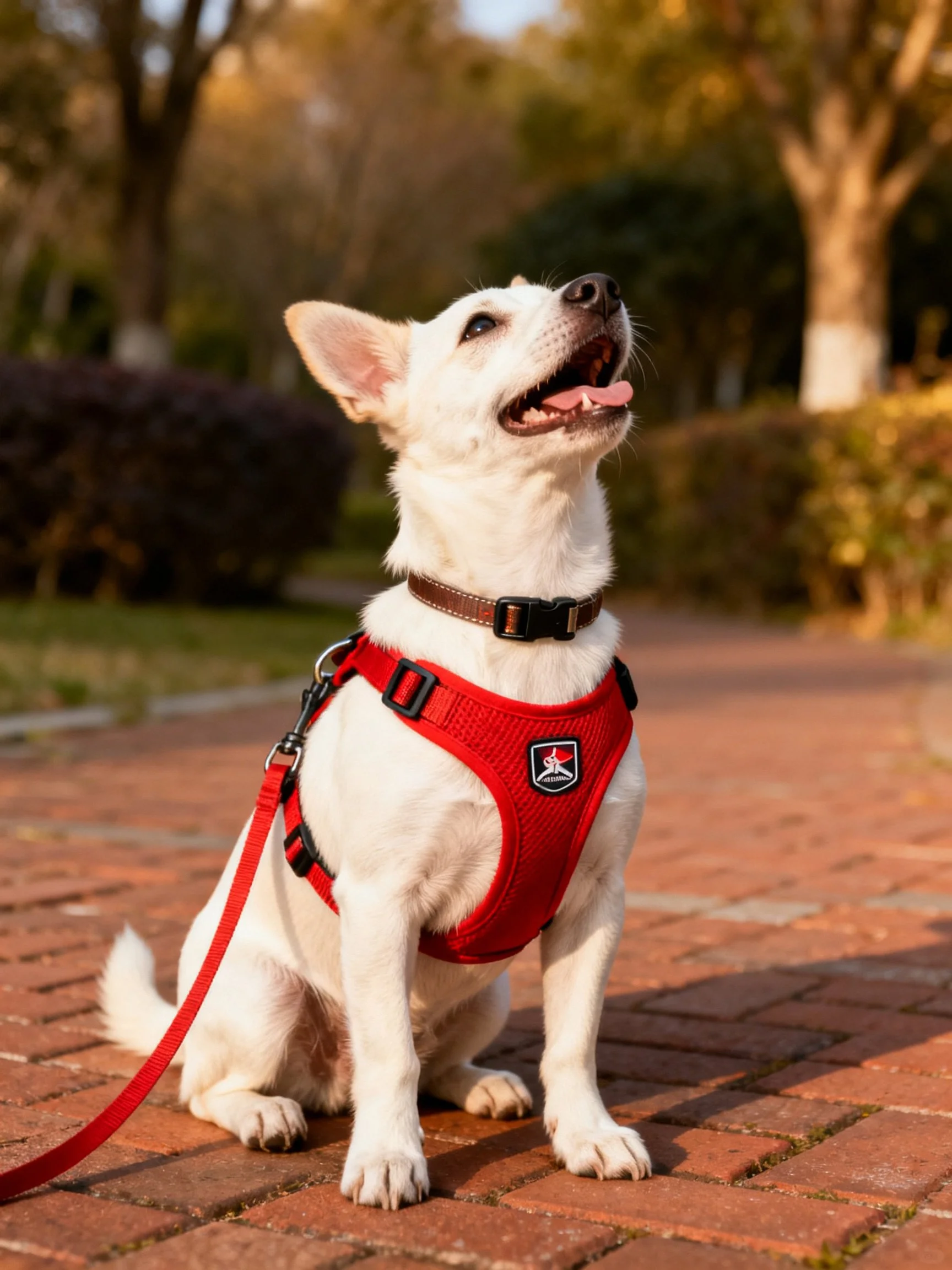 A white dog in a red harness rests on brick pavement in an outdoor park setting