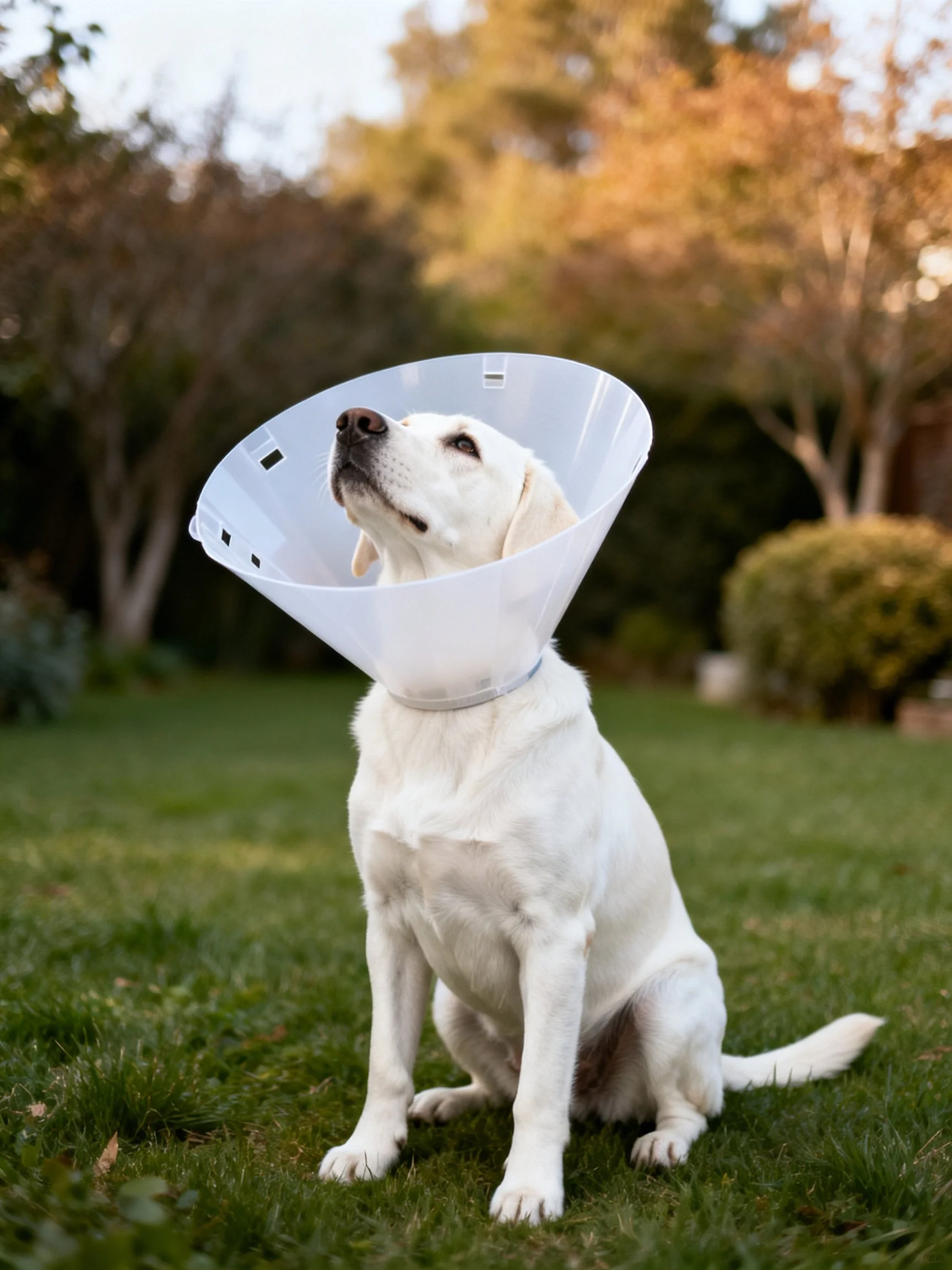 A white dog with a cone sits on grass in a garden.