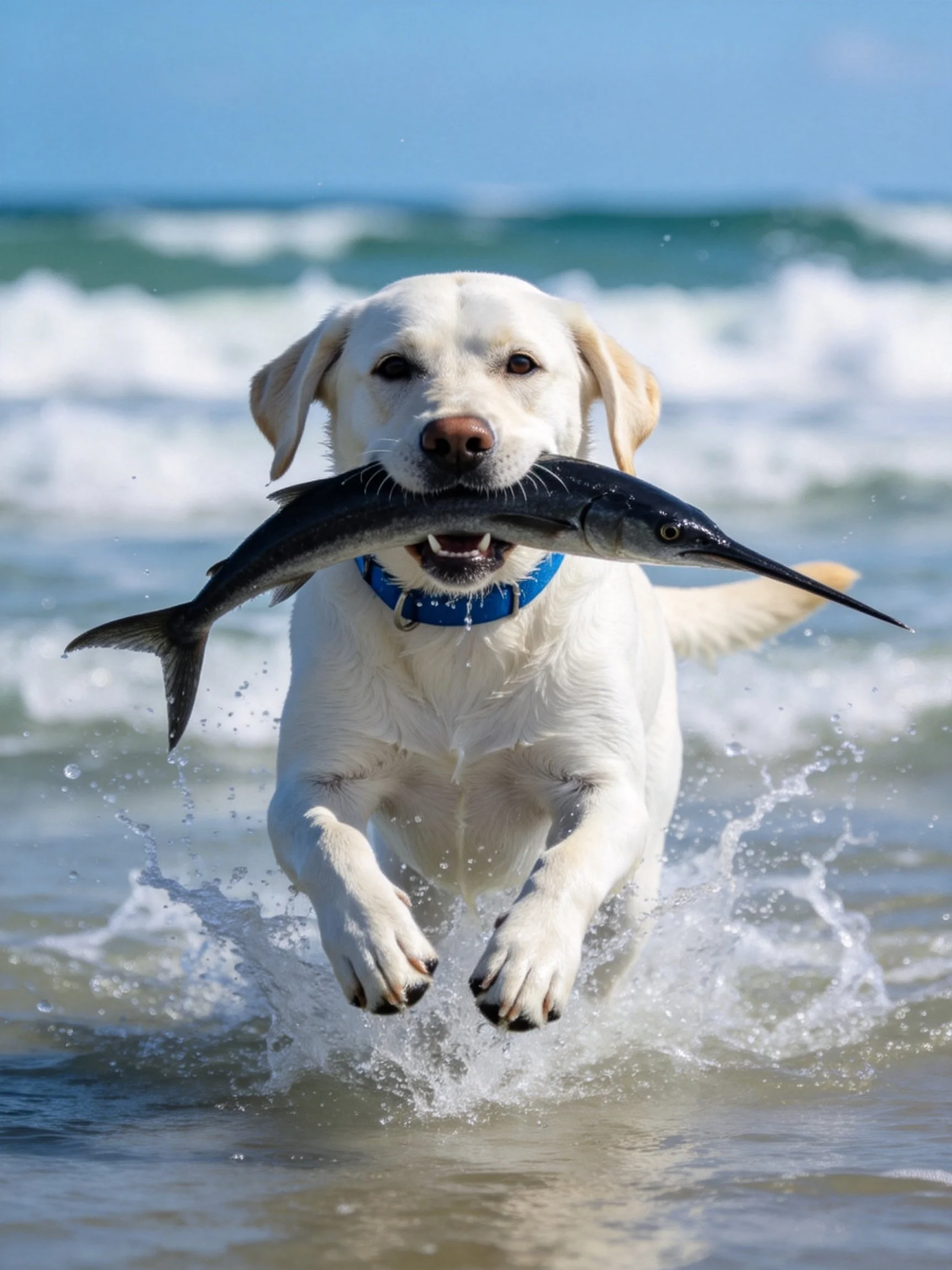 A white dog catches a long black fish while running through shallow ocean water near crashing waves.