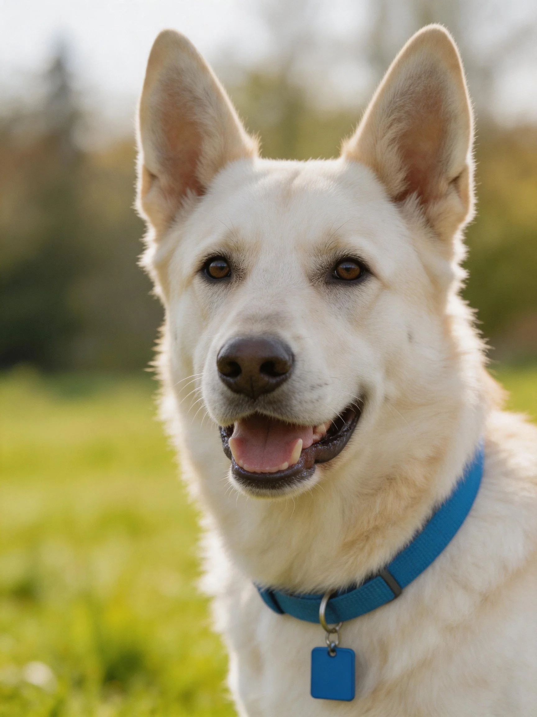 A white dog wearing a blue collar enjoys the sunny outdoor setting.