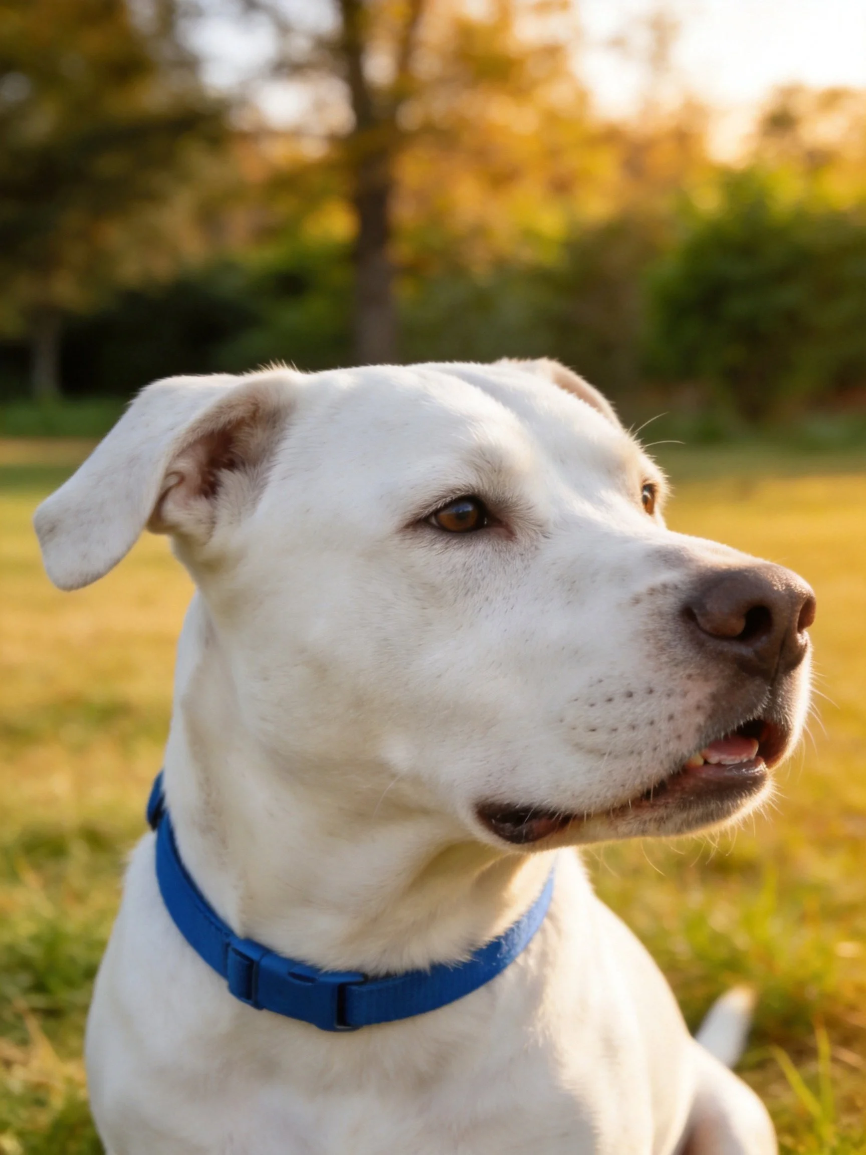 A white dog with a blue collar relaxes in a sunlit grassy setting.