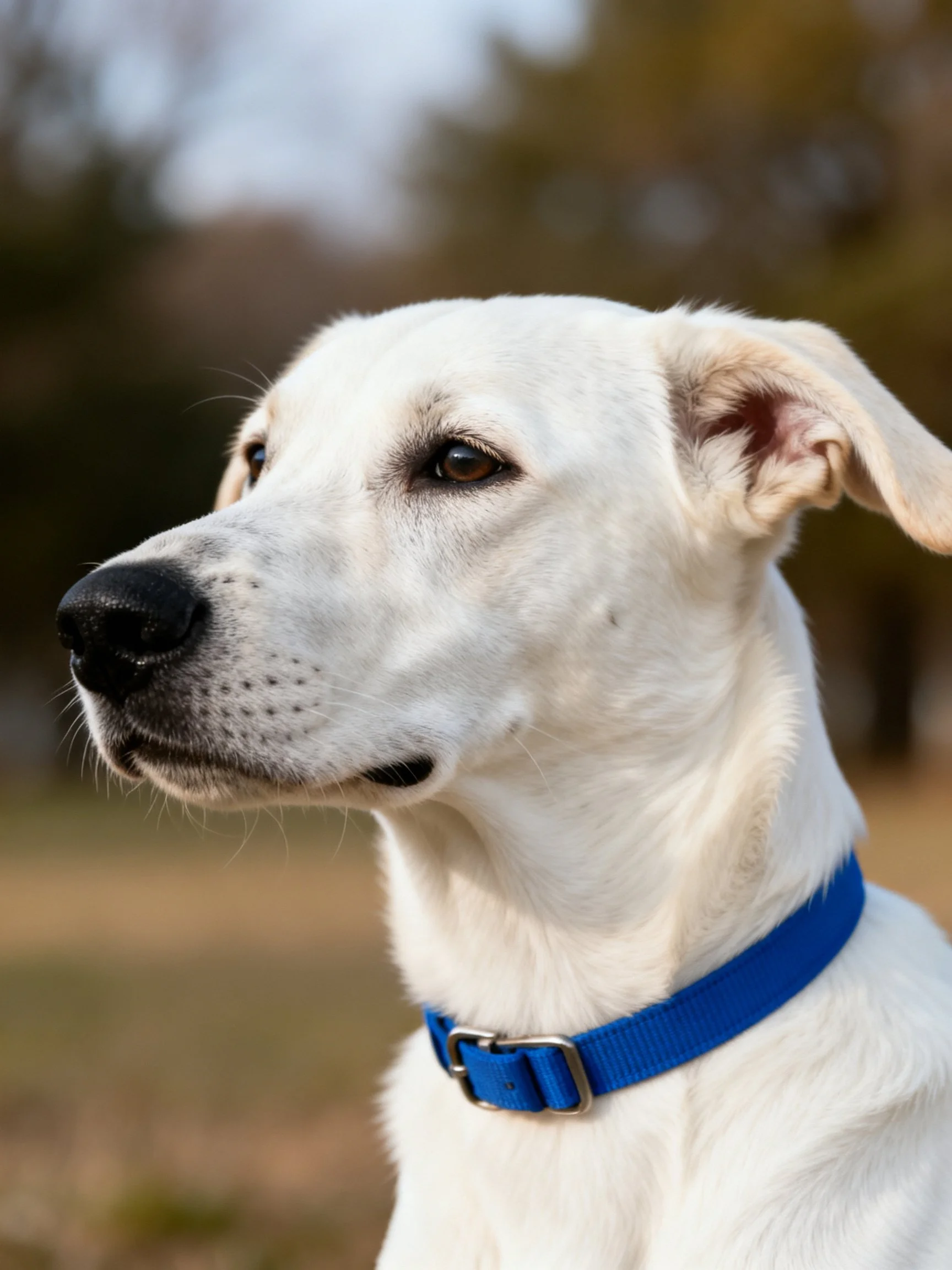 A white dog wearing a blue collar is photographed outdoors