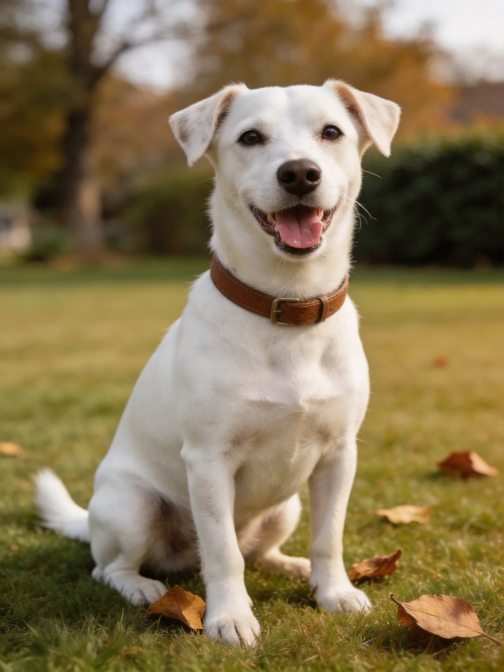 A white dog with a brown collar sits happily on grass amid scattered autumn leaves.