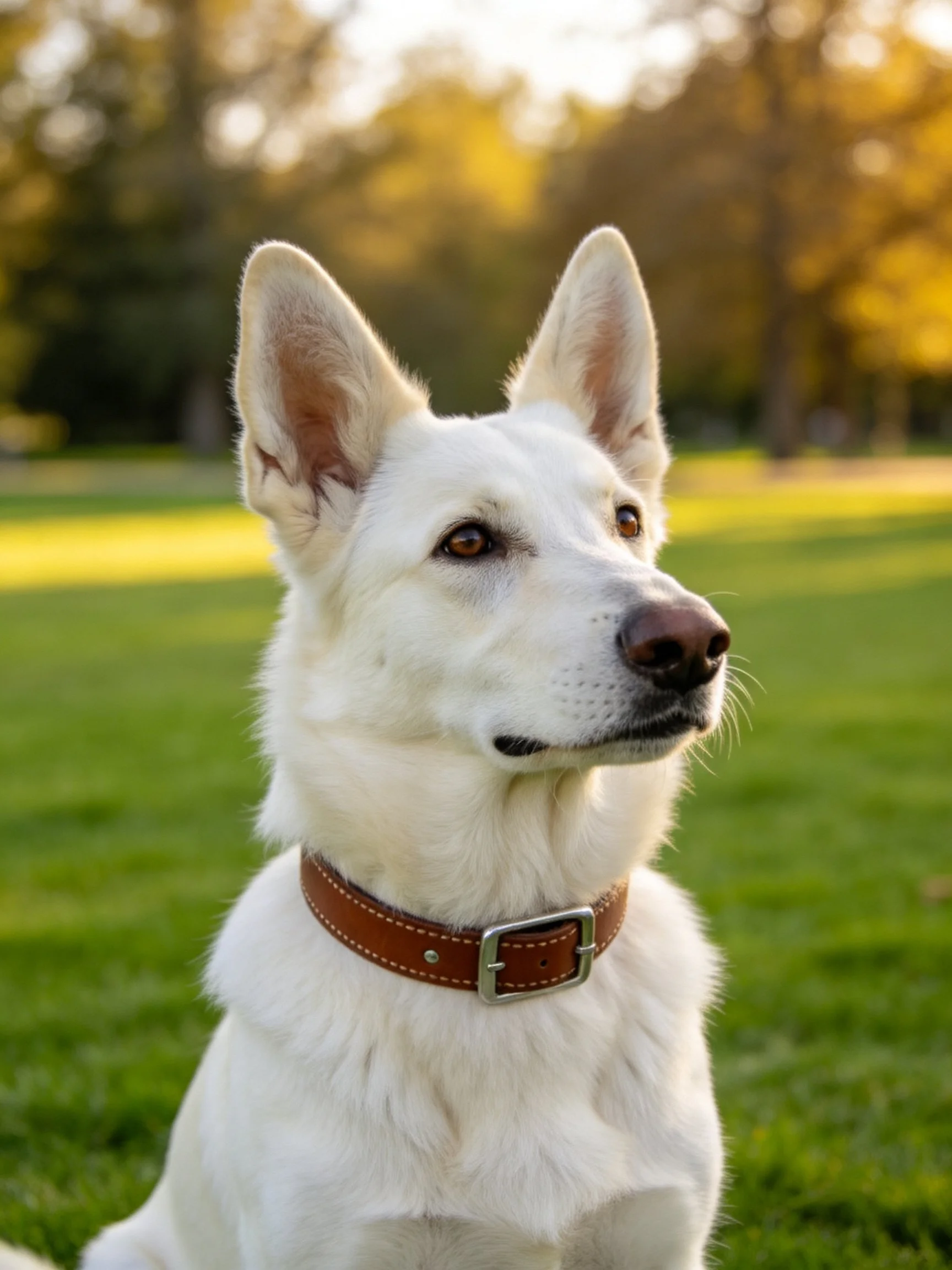 A white dog with a brown leather collar on green grass in a sunlit park