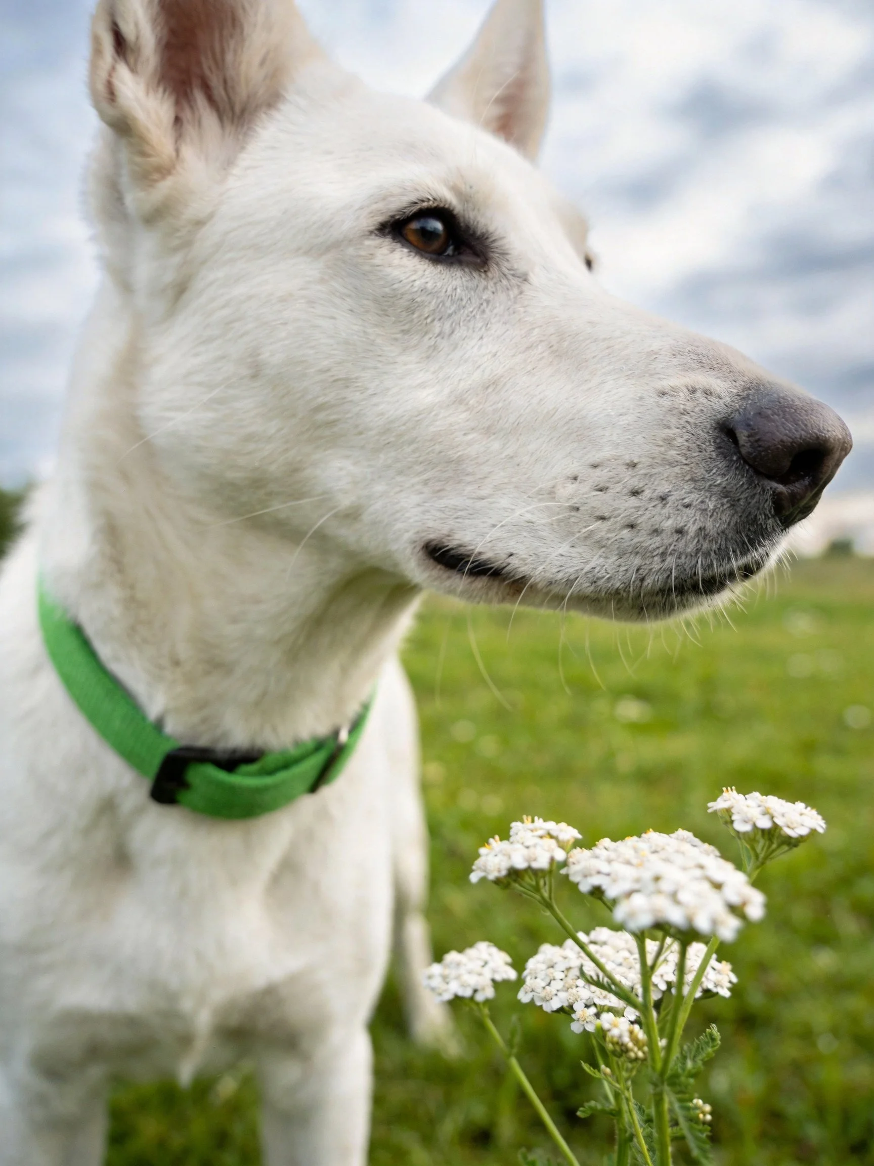 A white dog with a green collar stands near small white flowers in a grassy outdoor space.