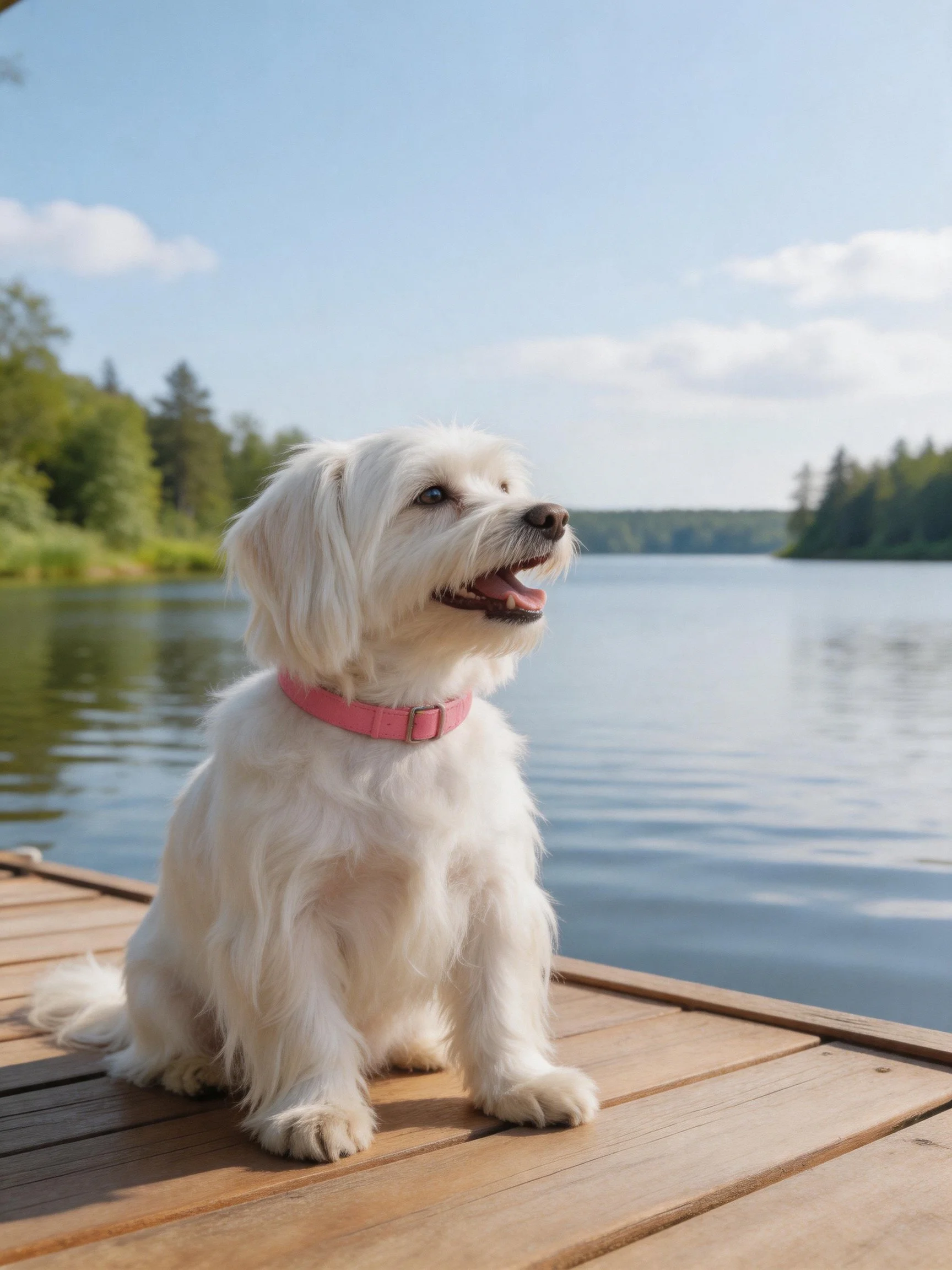 A white dog with a pink collar sits on a wooden dock near a tranquil lake.