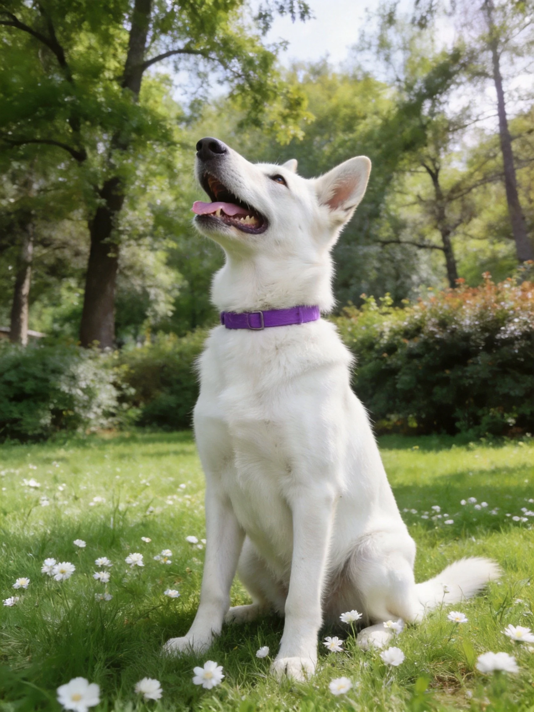 A white dog wearing a purple collar enjoys a sunny day in a grassy park filled with flowers.