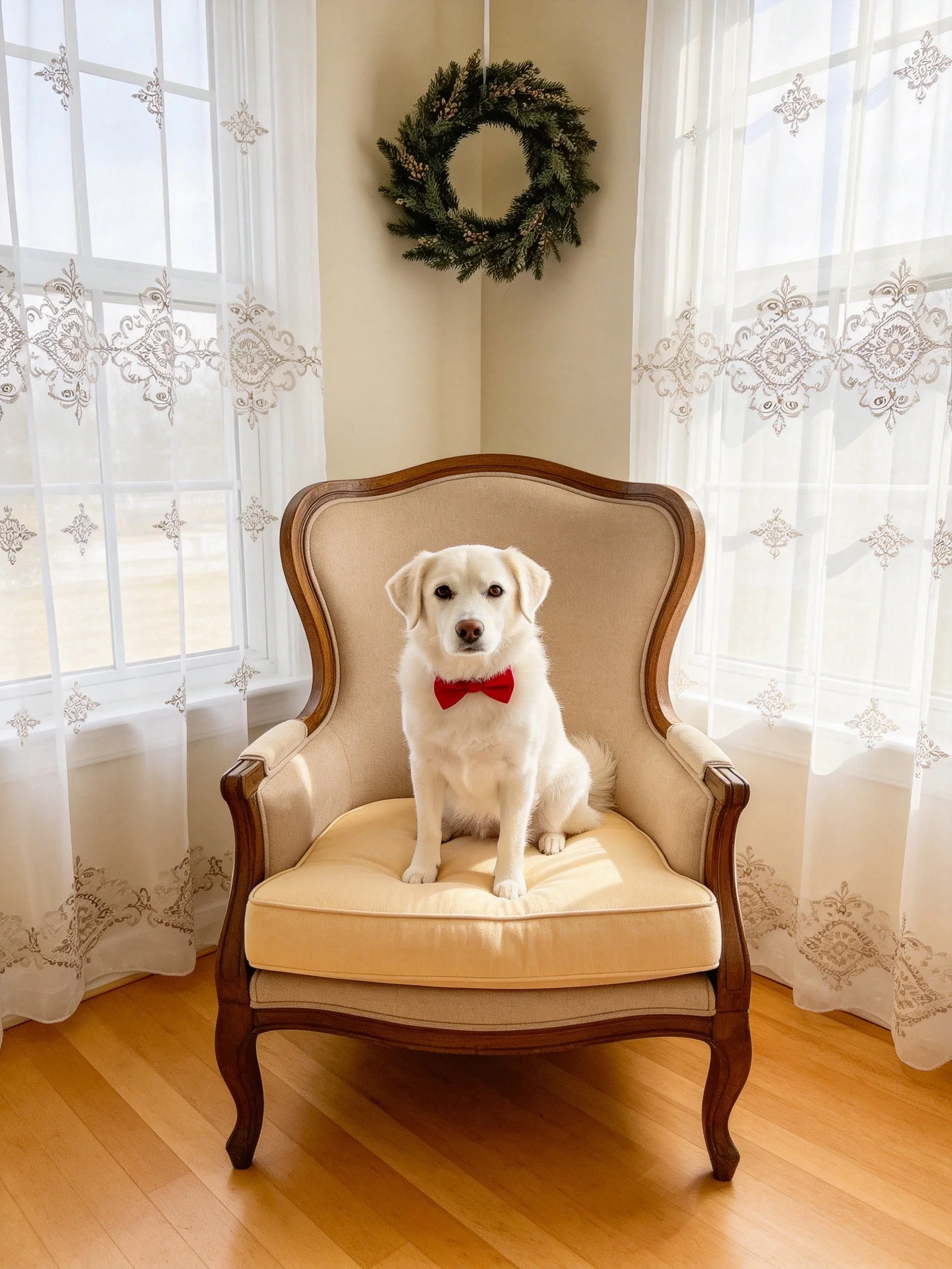 A white dog with a red bow tie sits on a beige armchair beside lace curtains and a Christmas wreath