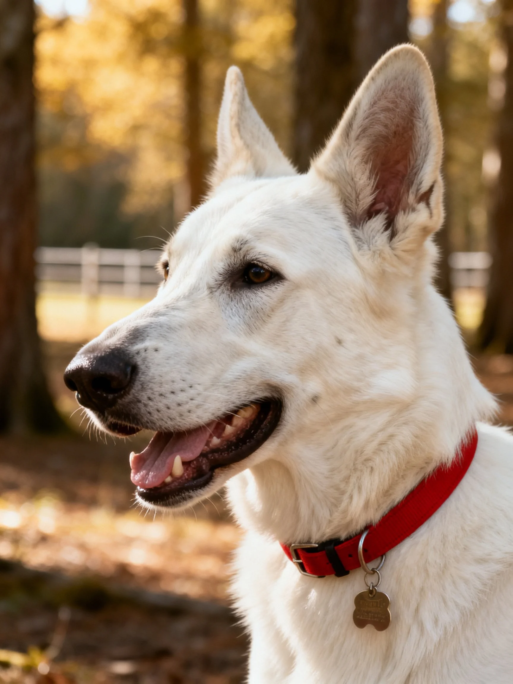 A white dog with a red collar is outdoors near trees.