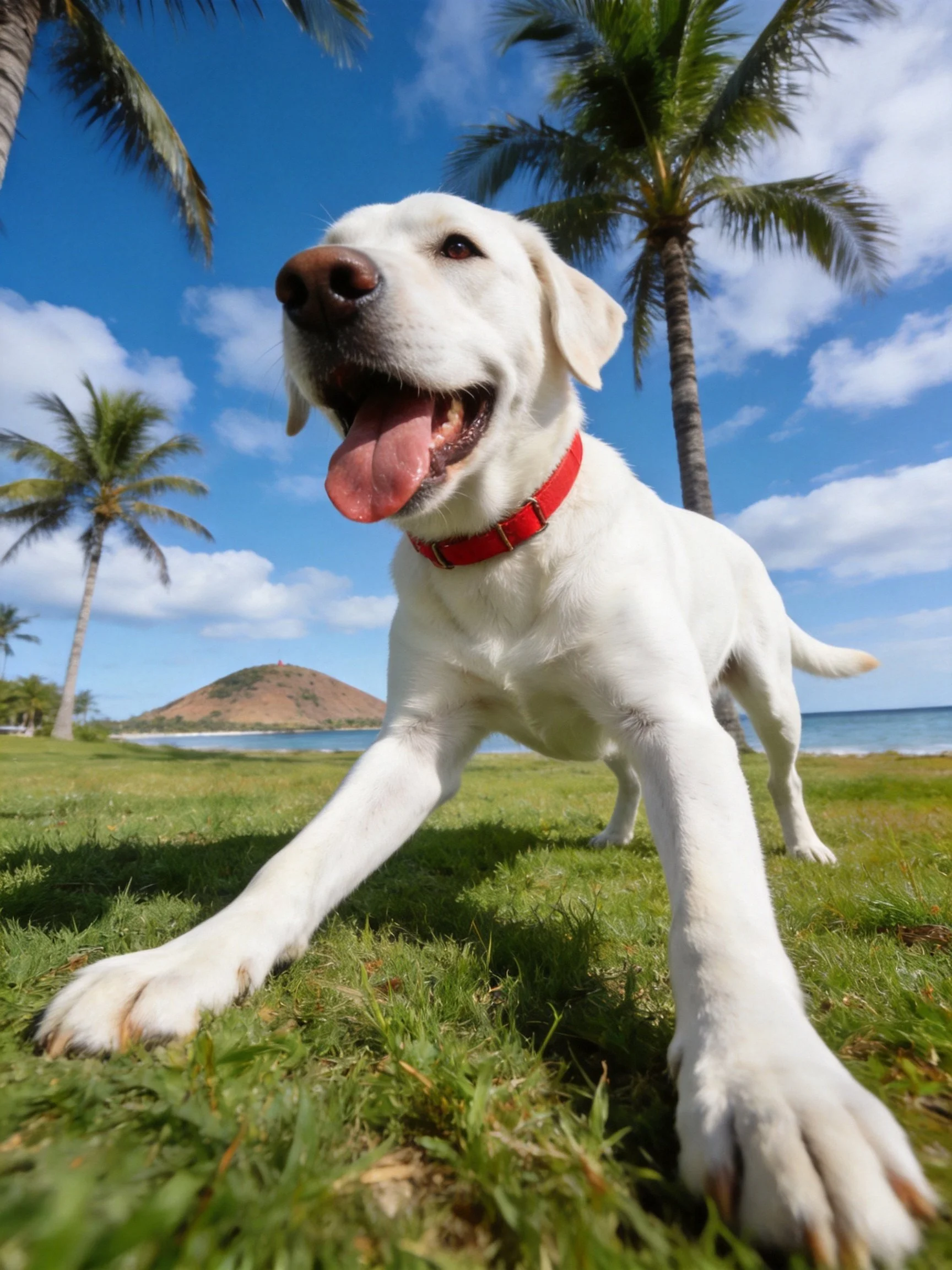 A white dog with a red collar enjoys time near palm trees.
