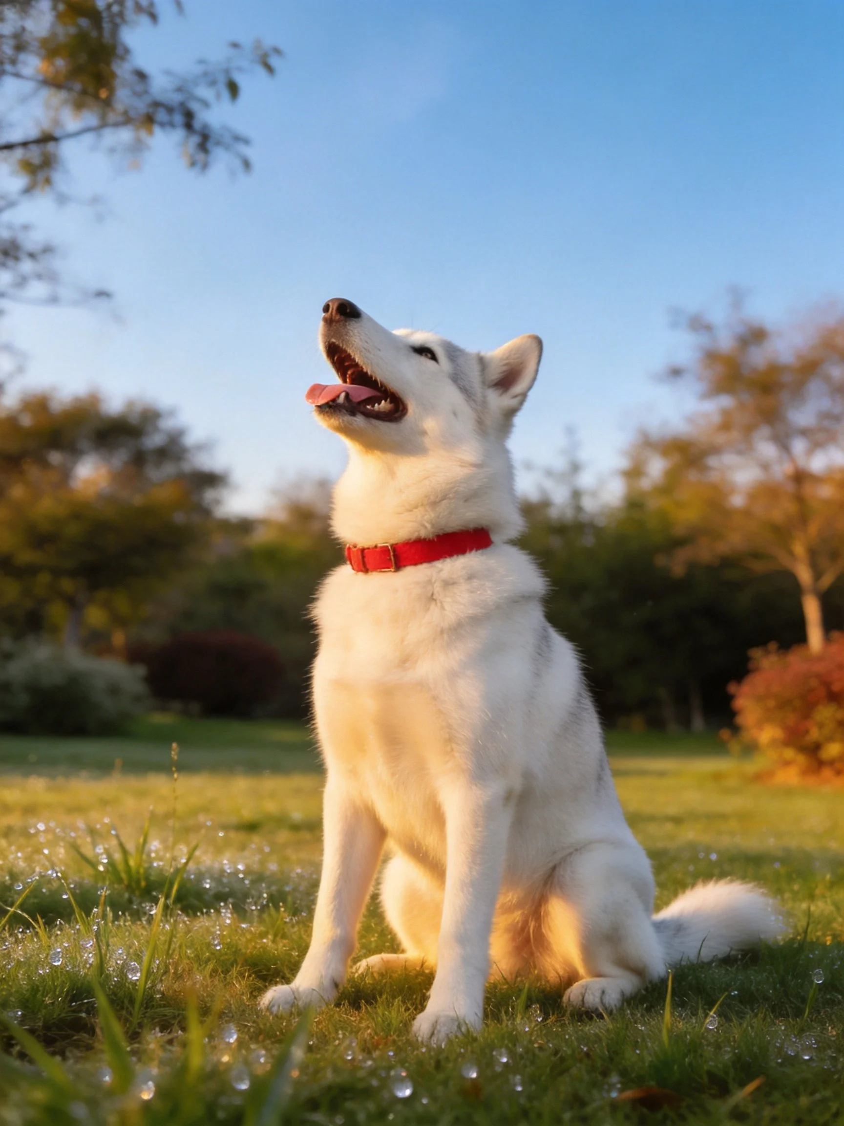A white dog with a red collar relaxes in a sunlit park.