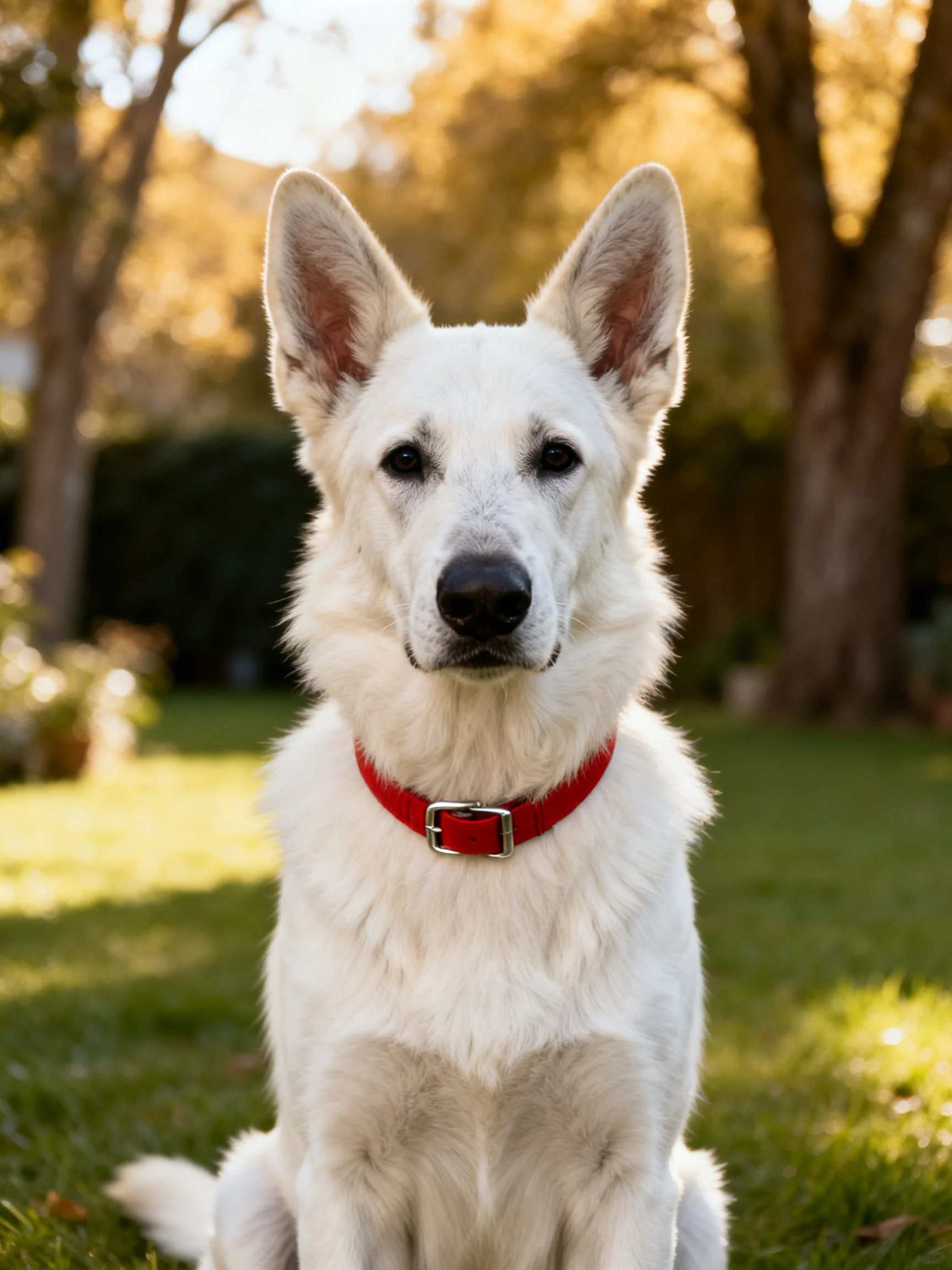 A white dog with a red collar sits calmly on grass in a sunlit outdoor setting.