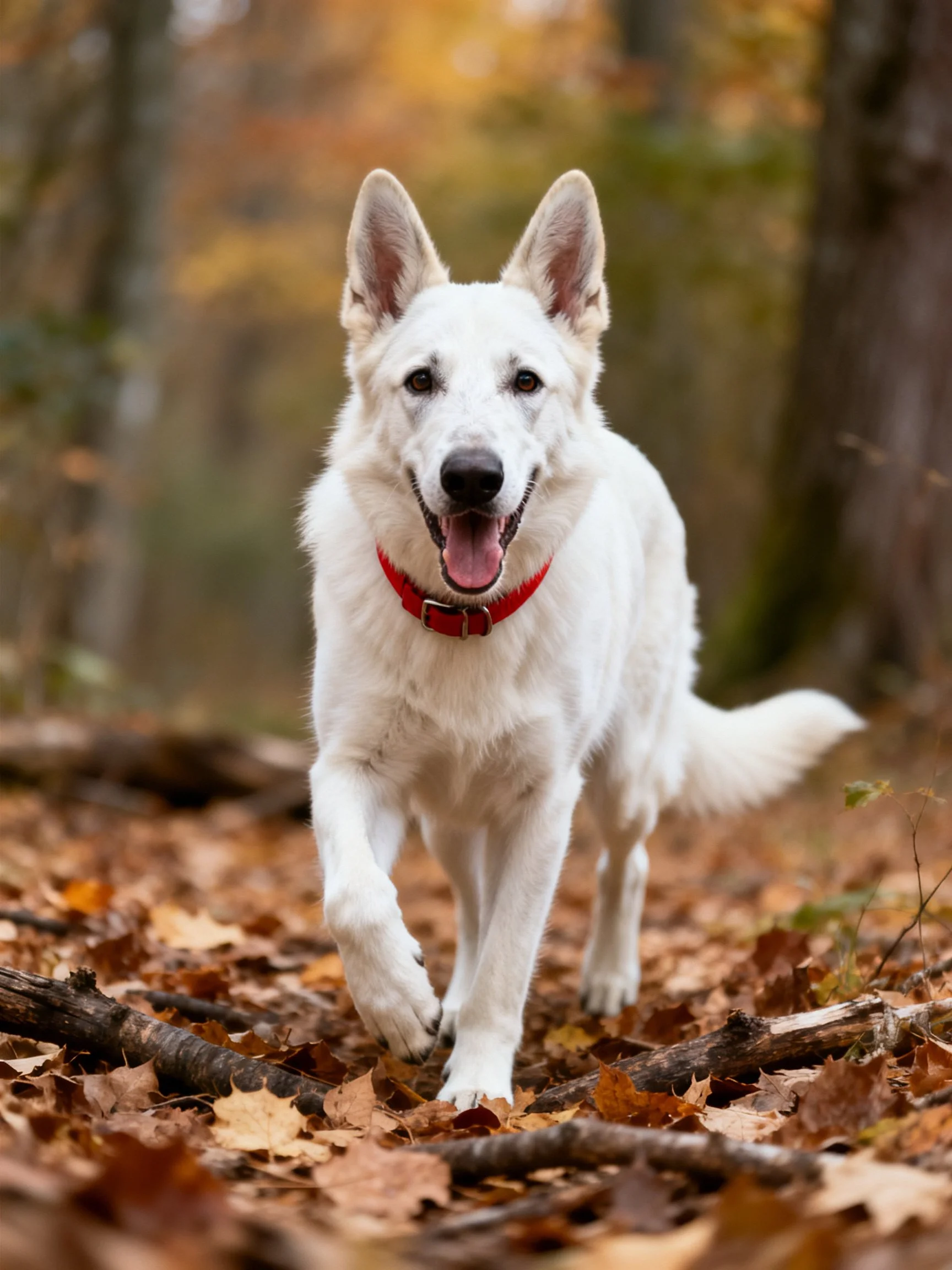 A white dog with a red collar walks happily through an autumn forest.