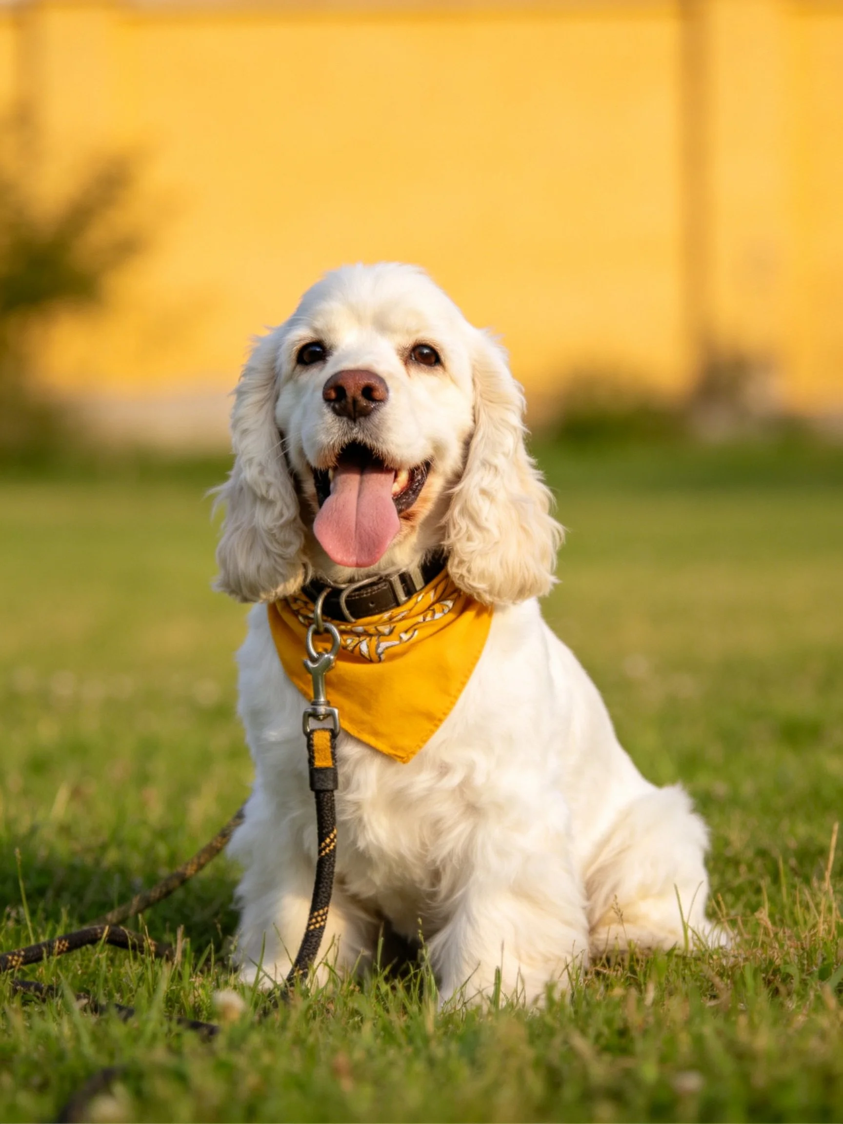A white dog wearing a yellow bandana rests on grass in an outdoor setting.