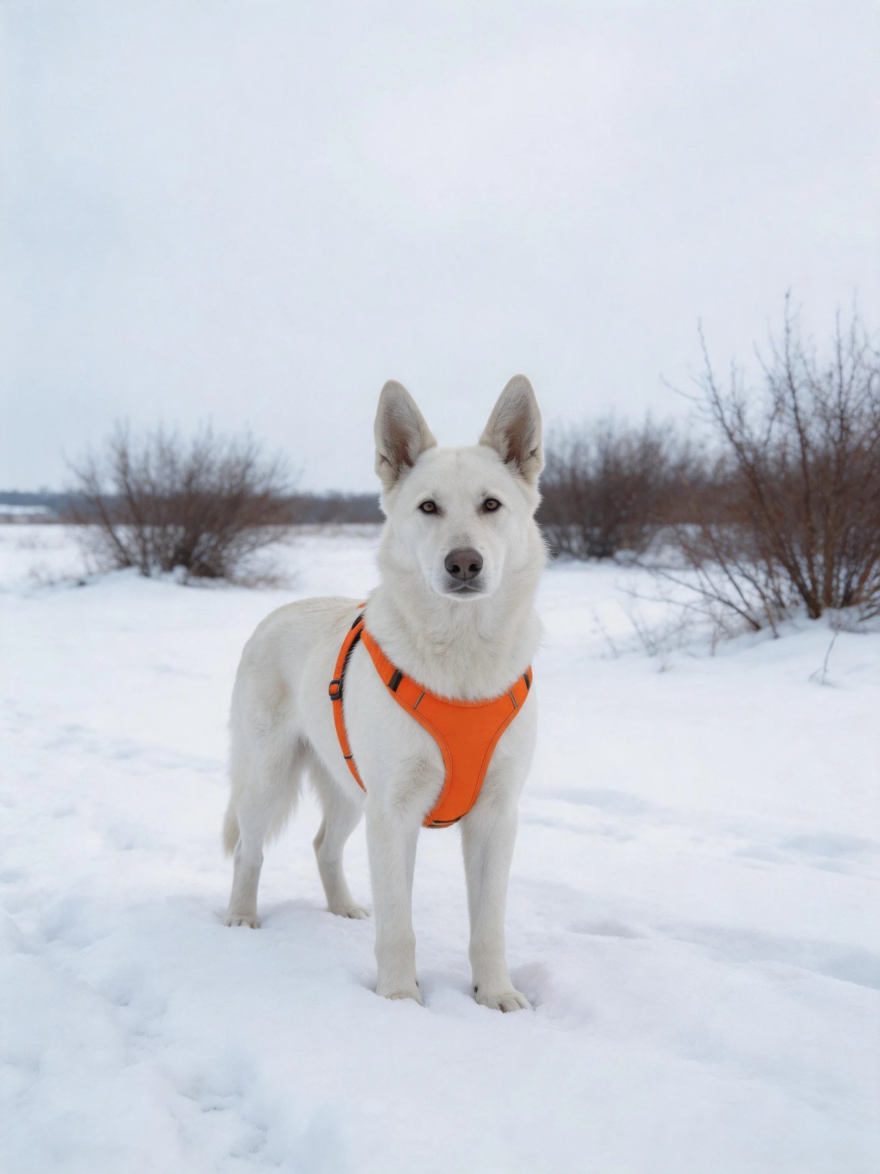 A white dog with an orange harness stands in a snowy landscape.