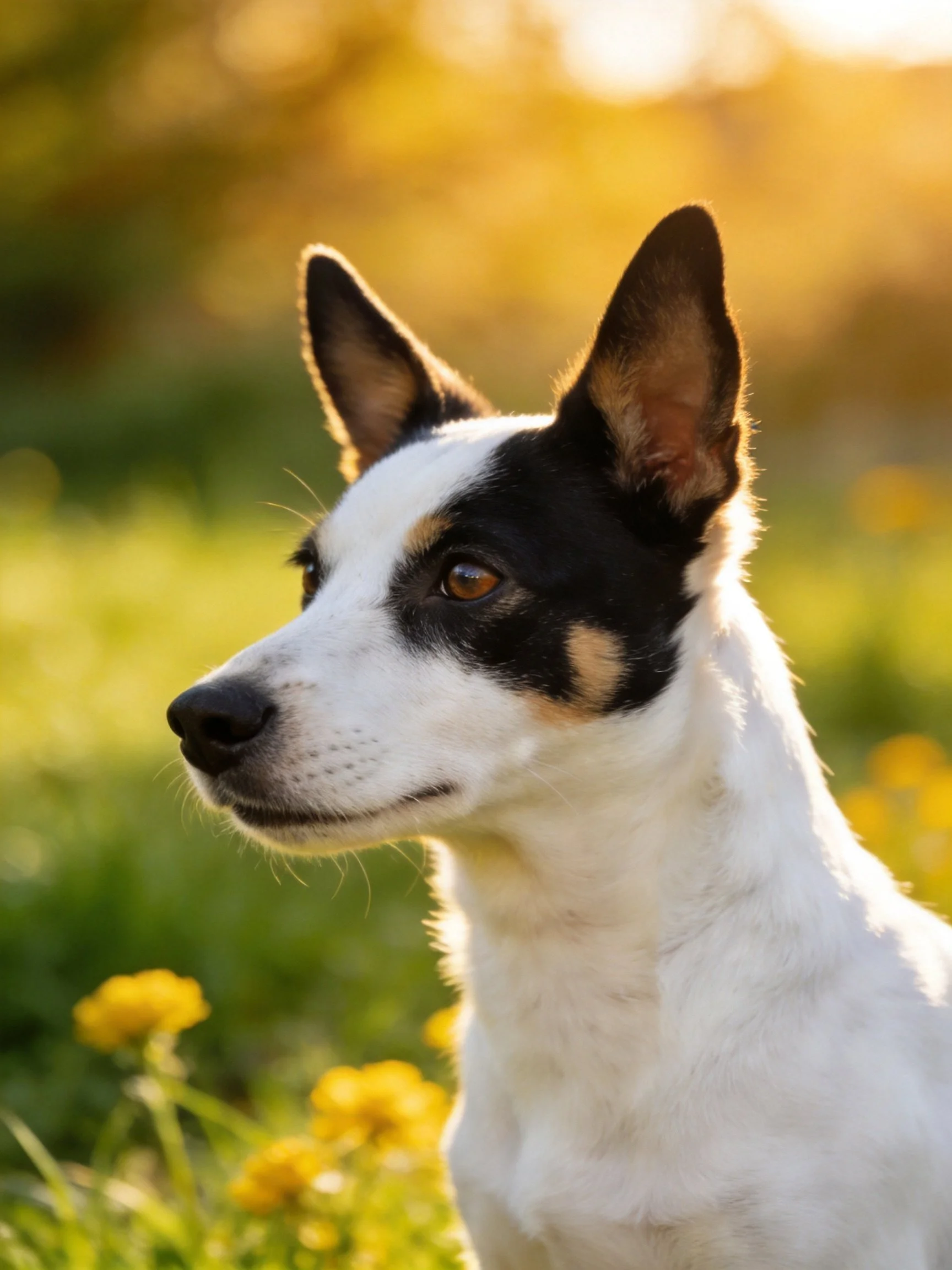 A white dog with black and tan markings stands among yellow flowers in a sunlit outdoor setting.