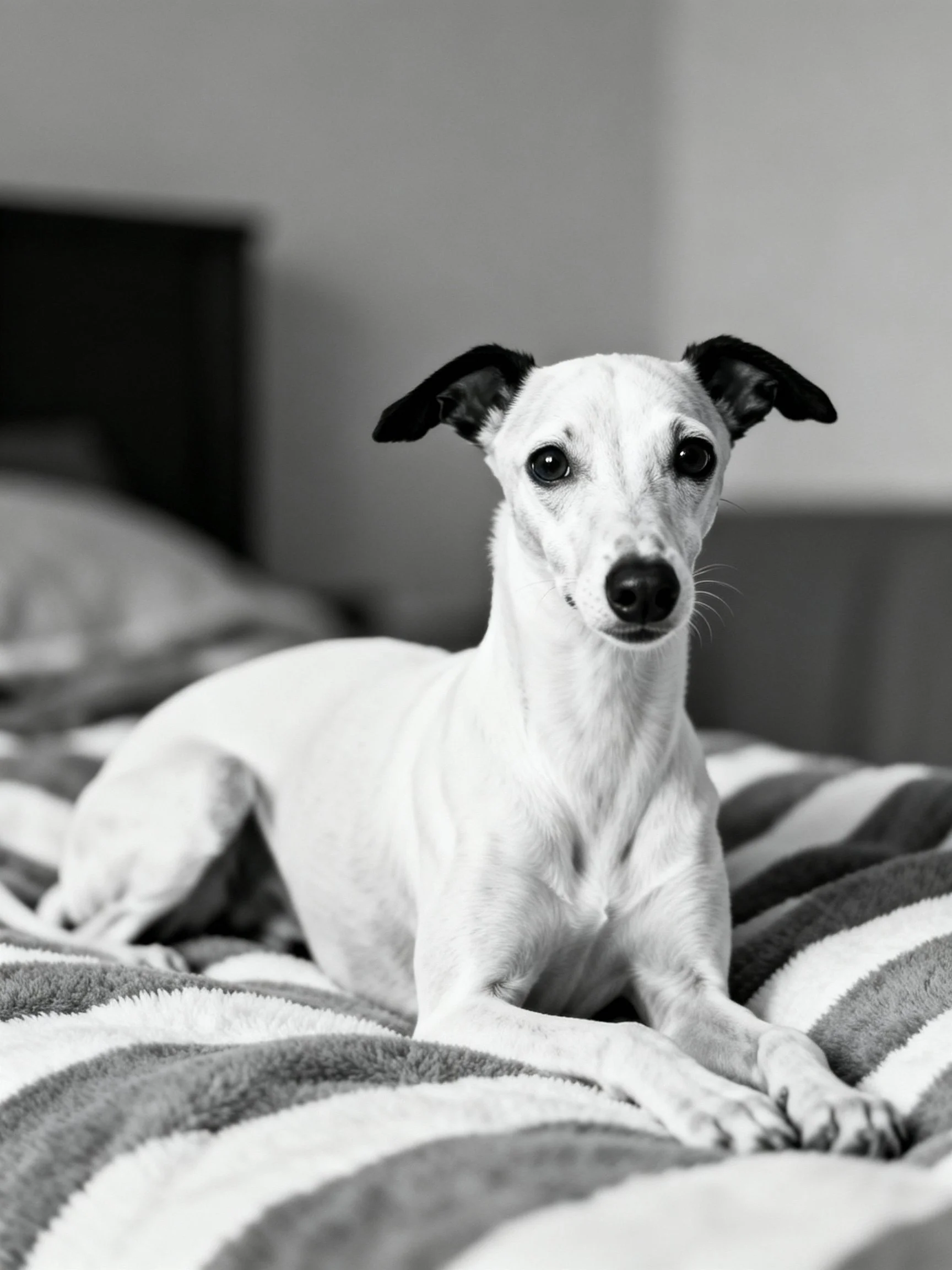 A white dog with black ears sits on a striped bed