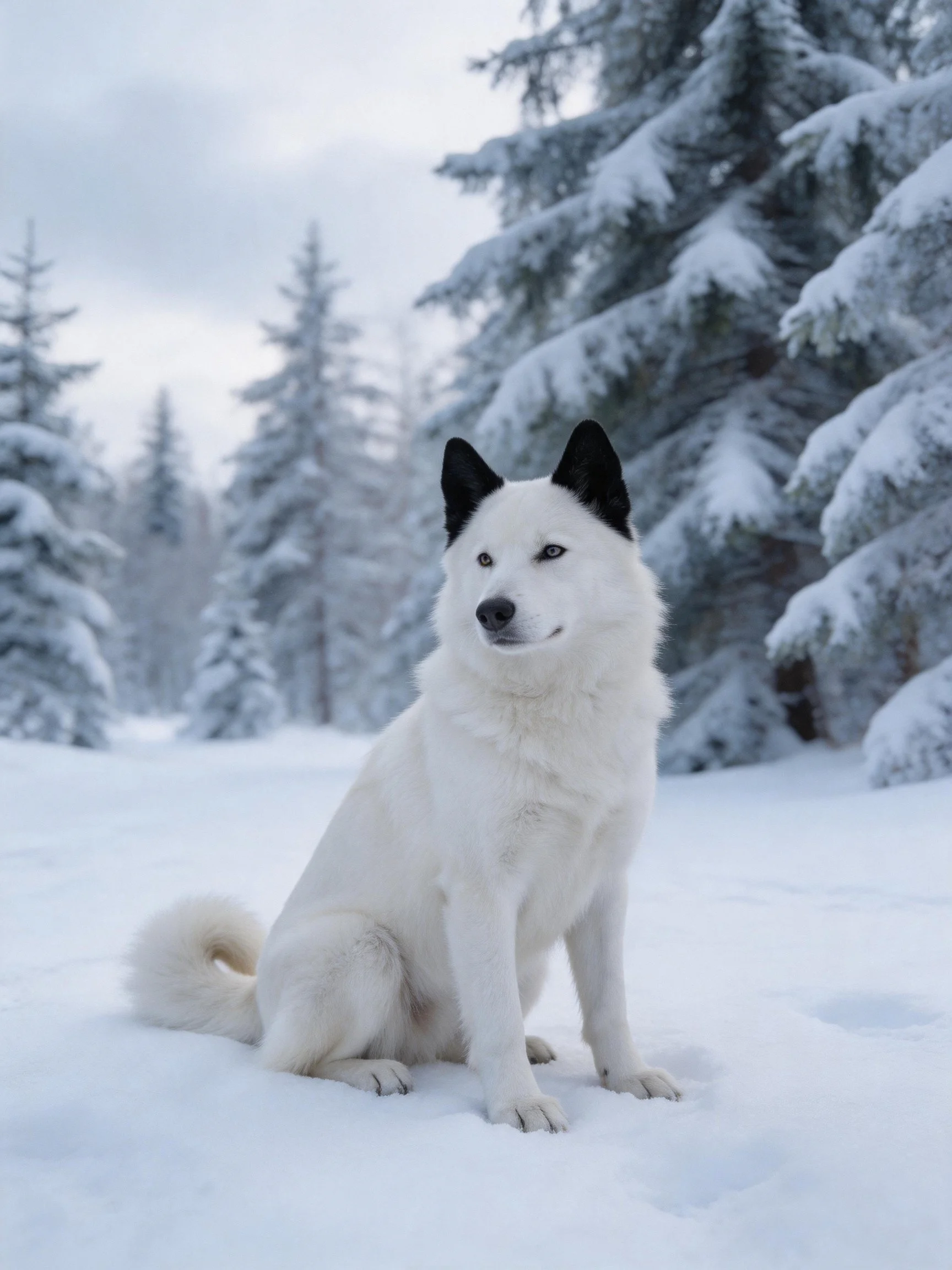 A white dog with black ears sits calmly amid snow - laden evergreen trees.