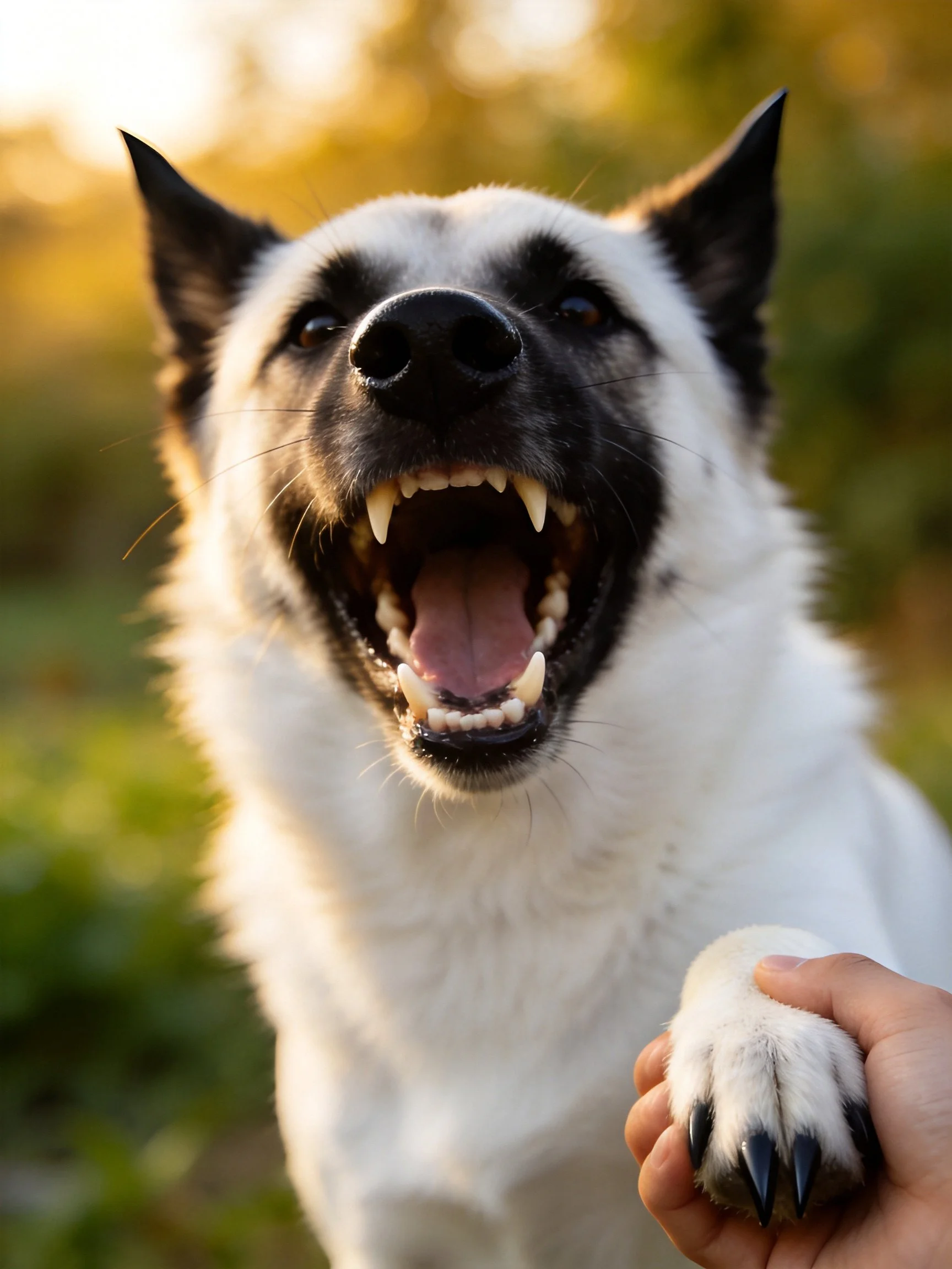 A white dog with black markings barks happily outdoors
