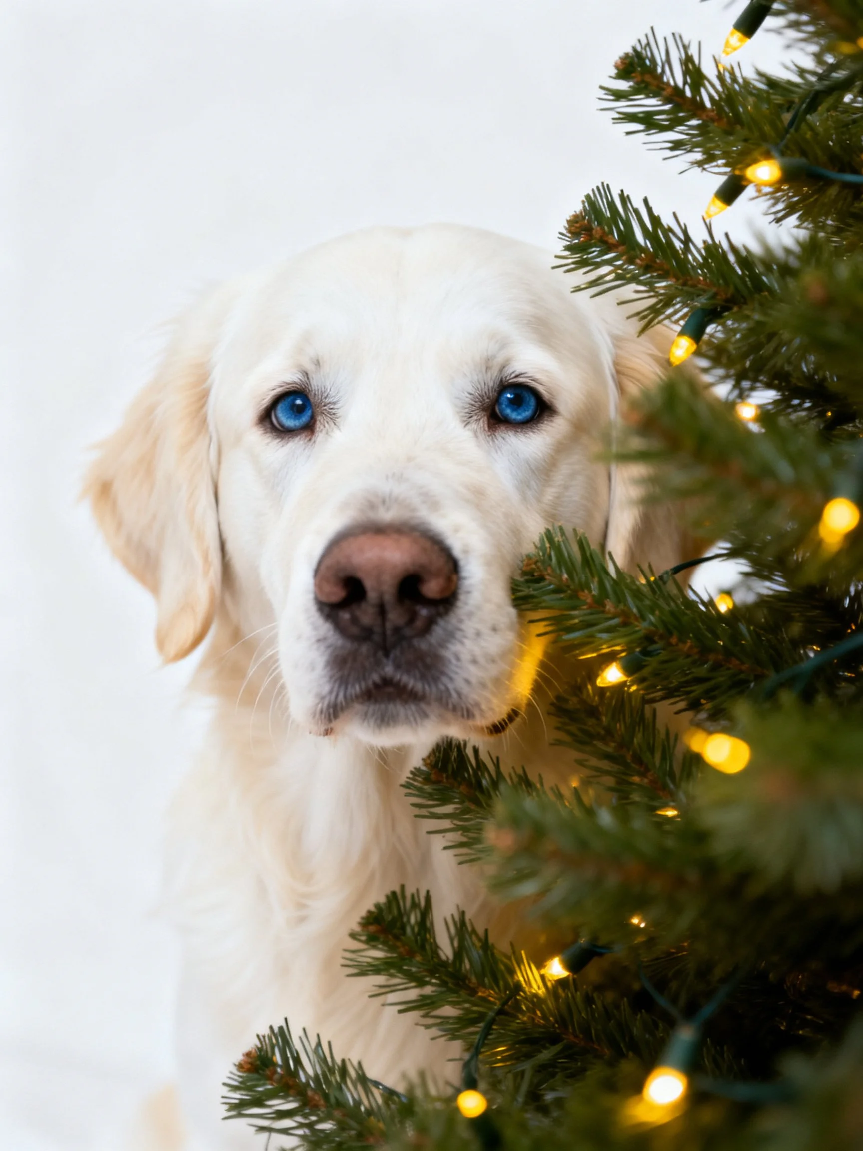 A white dog with blue eyes stands beside a decorated Christmas tree.