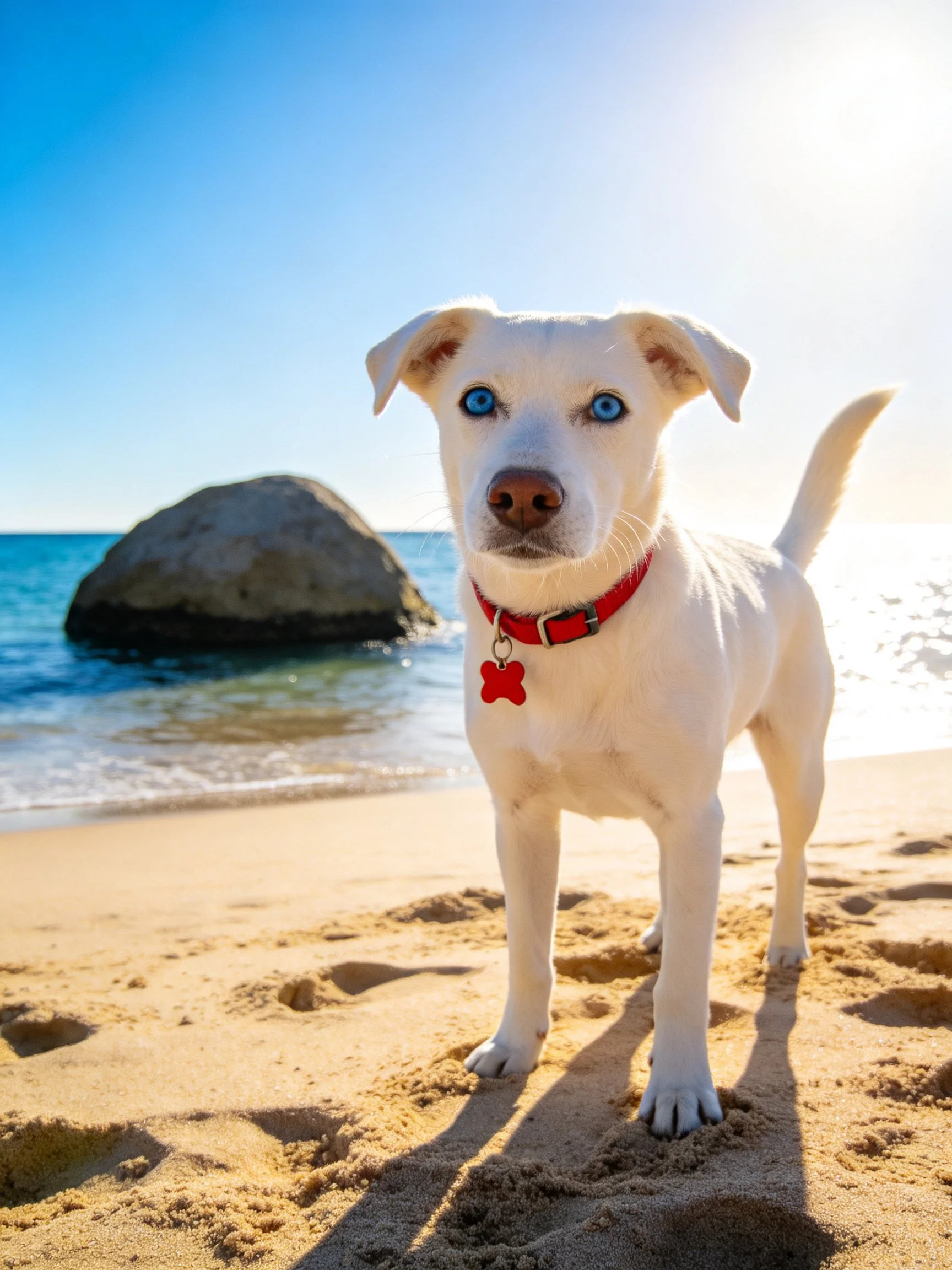 A white dog with blue eyes stands on a sandy beach by the ocean.
