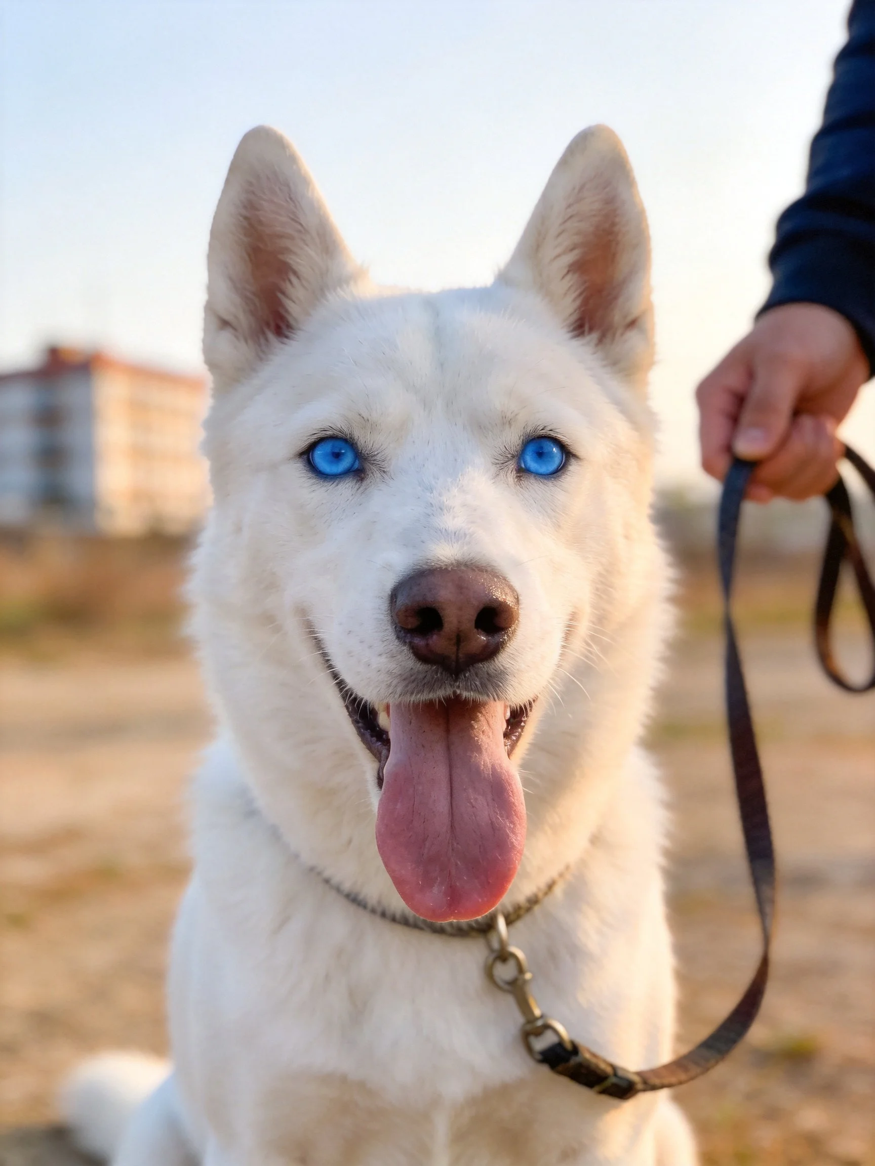 A white dog with blue eyes sits calmly on a leash.
