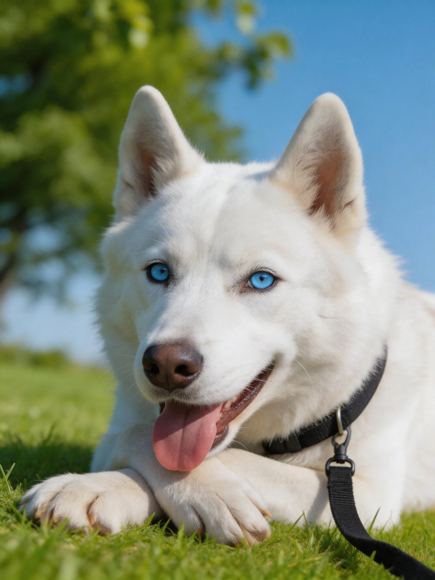 A white dog with striking blue eyes relaxes on grass in an outdoor setting.