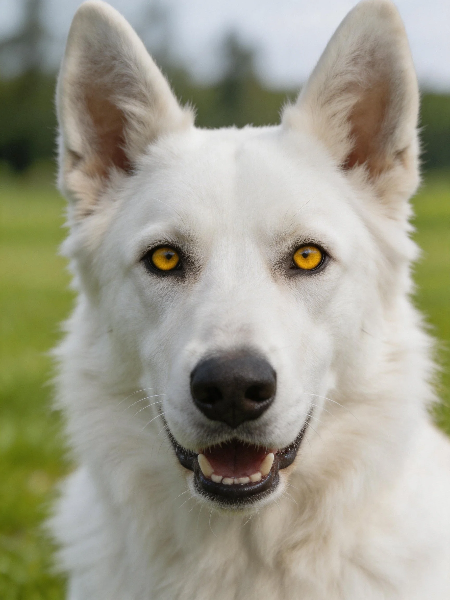 A white dog with yellow eyes is in a green outdoor setting.