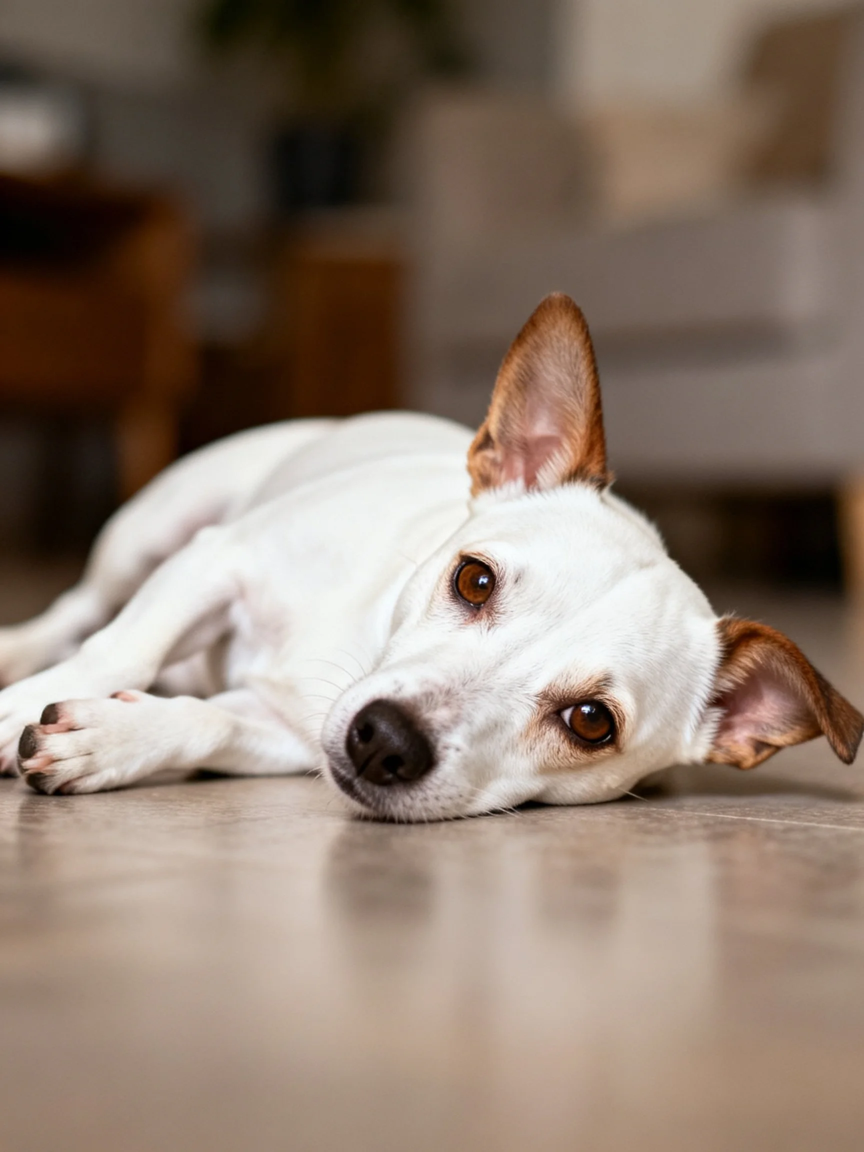 A white dog with brown ears lies calmly on an indoor floor.