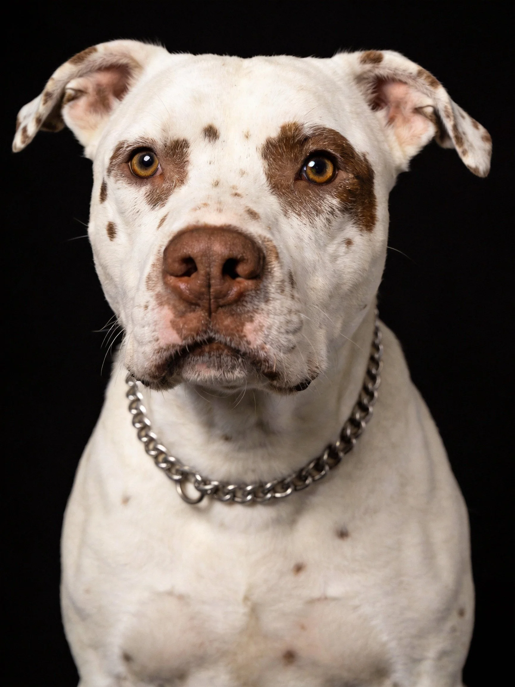 A white dog with brown markings and a silver collar stands out against a black background.