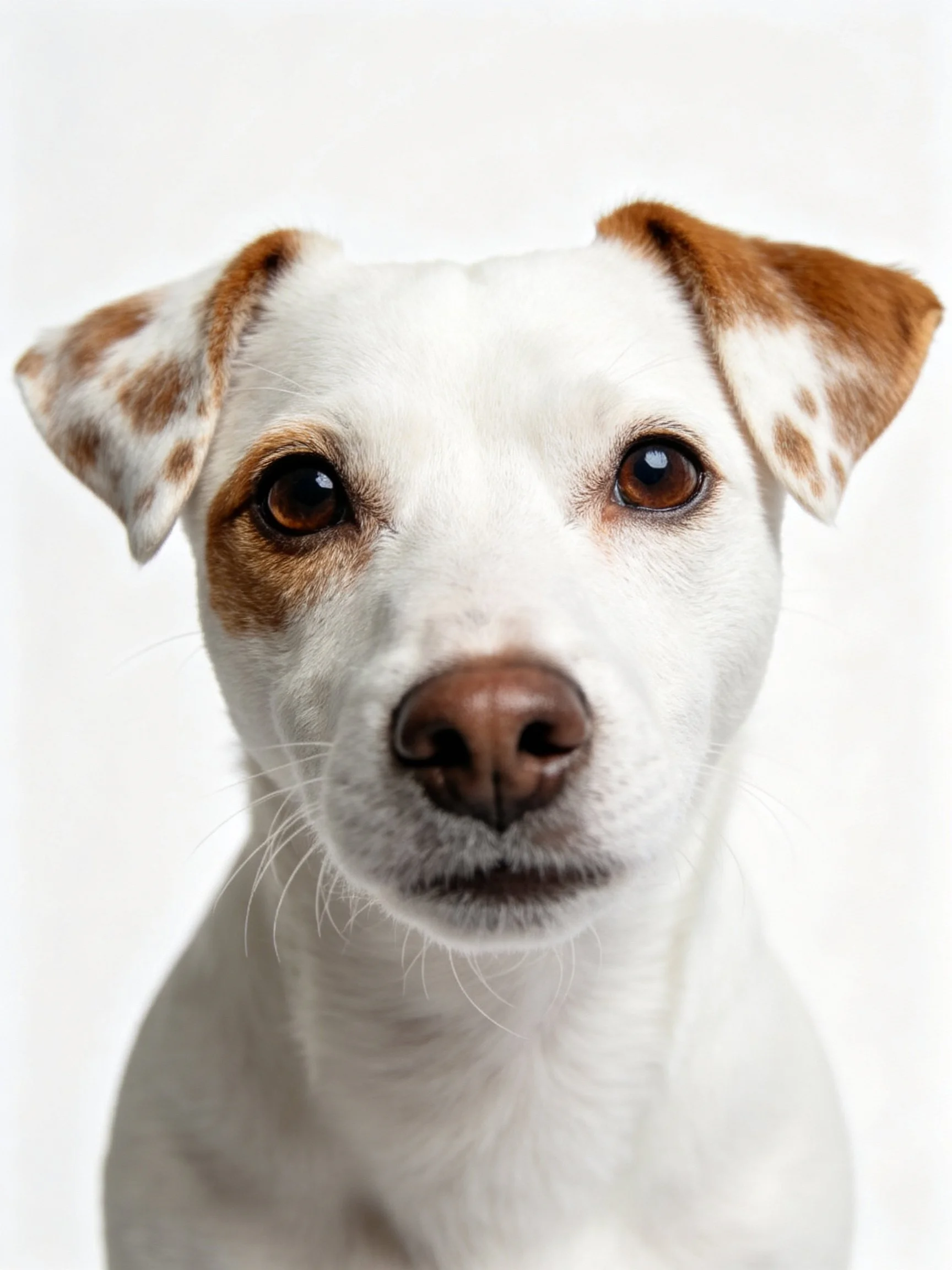 A white dog with brown markings gazes directly at the viewer.