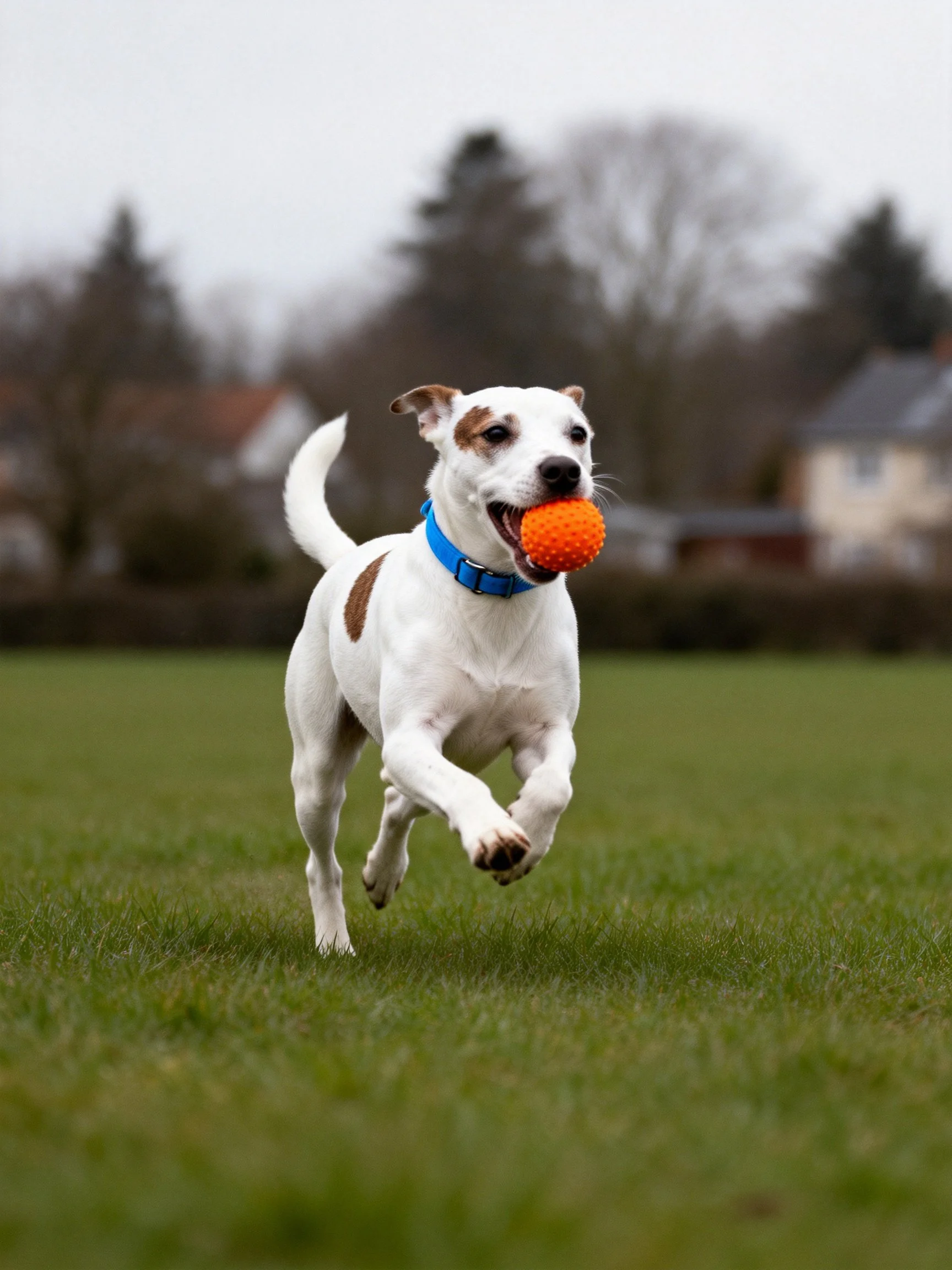 A white dog with brown spots runs with an orange ball