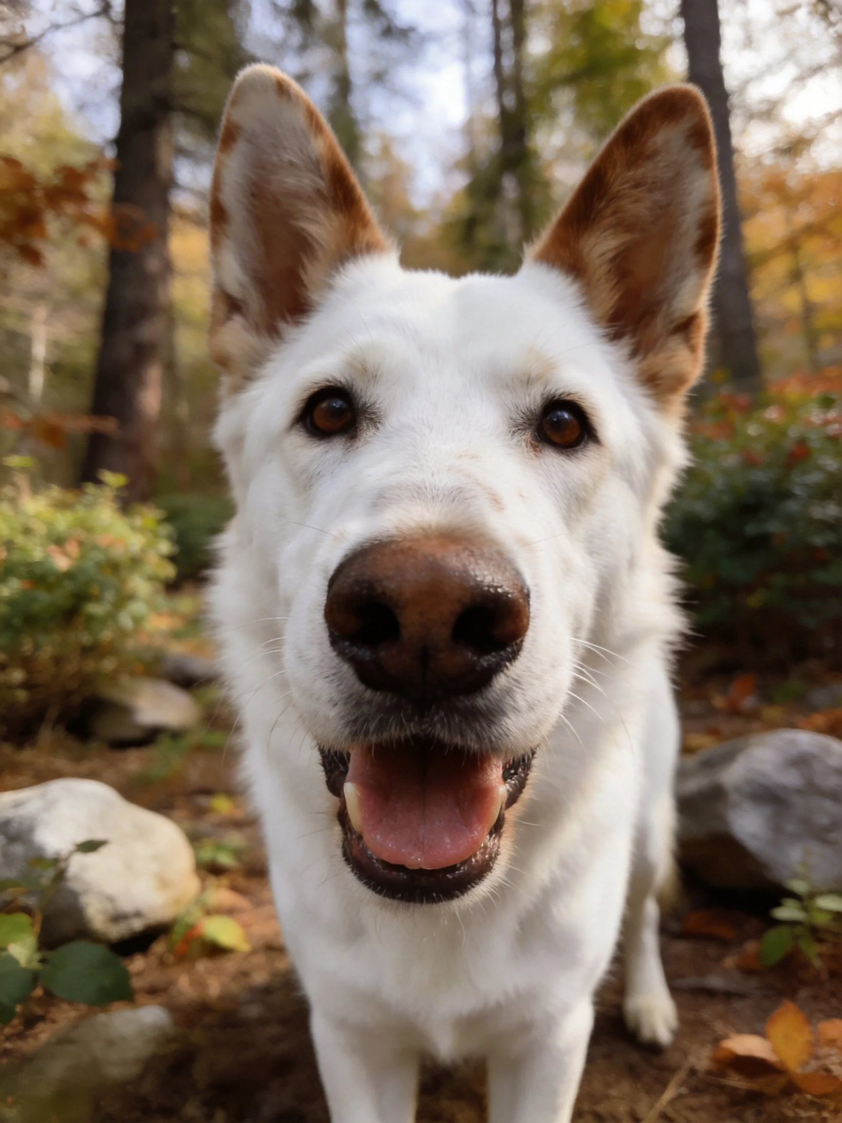 A white dog with brown-tipped ears enjoys time in an autumn forest.