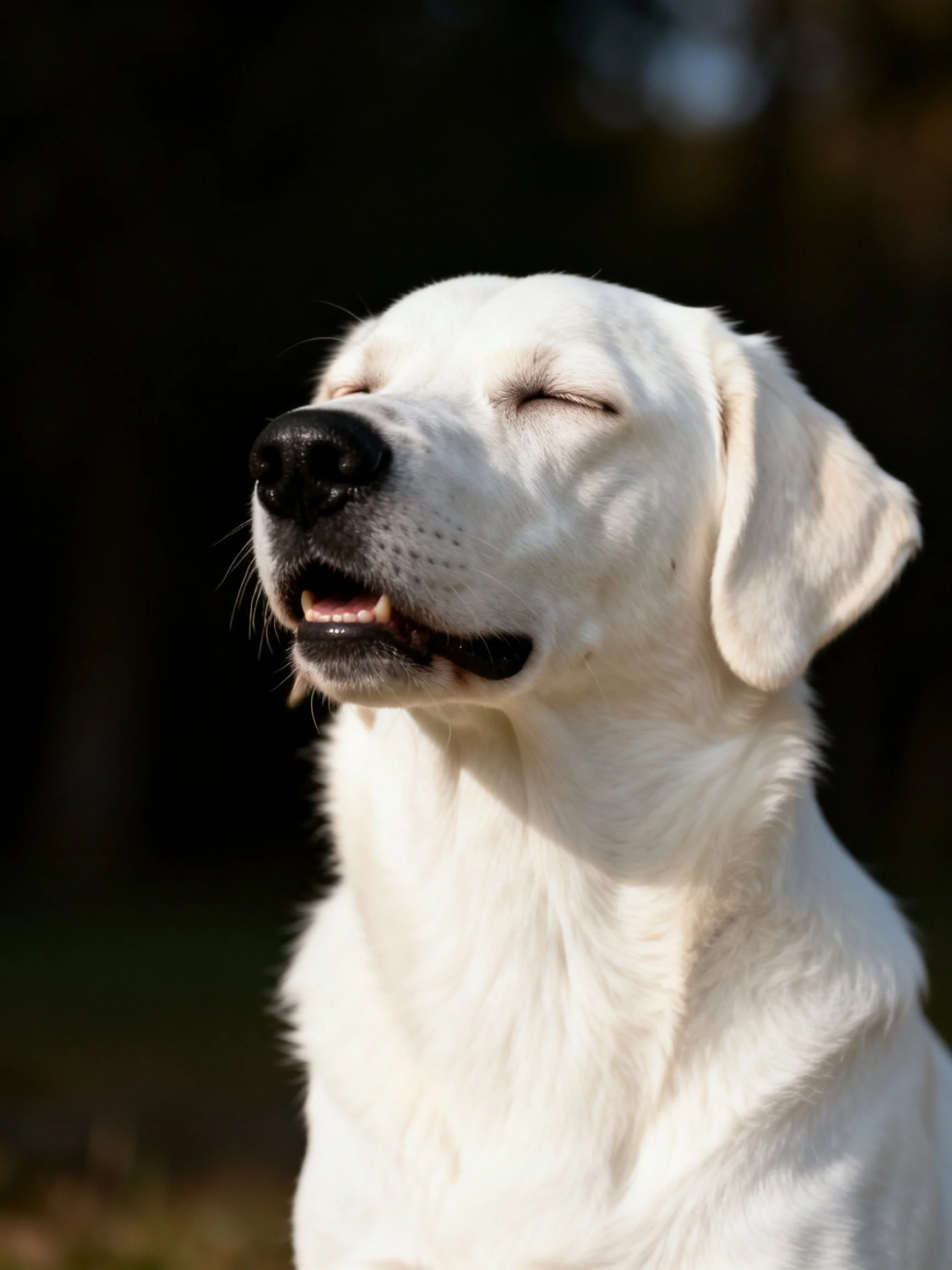 A white dog relaxes with eyes shut in an outdoor setting.
