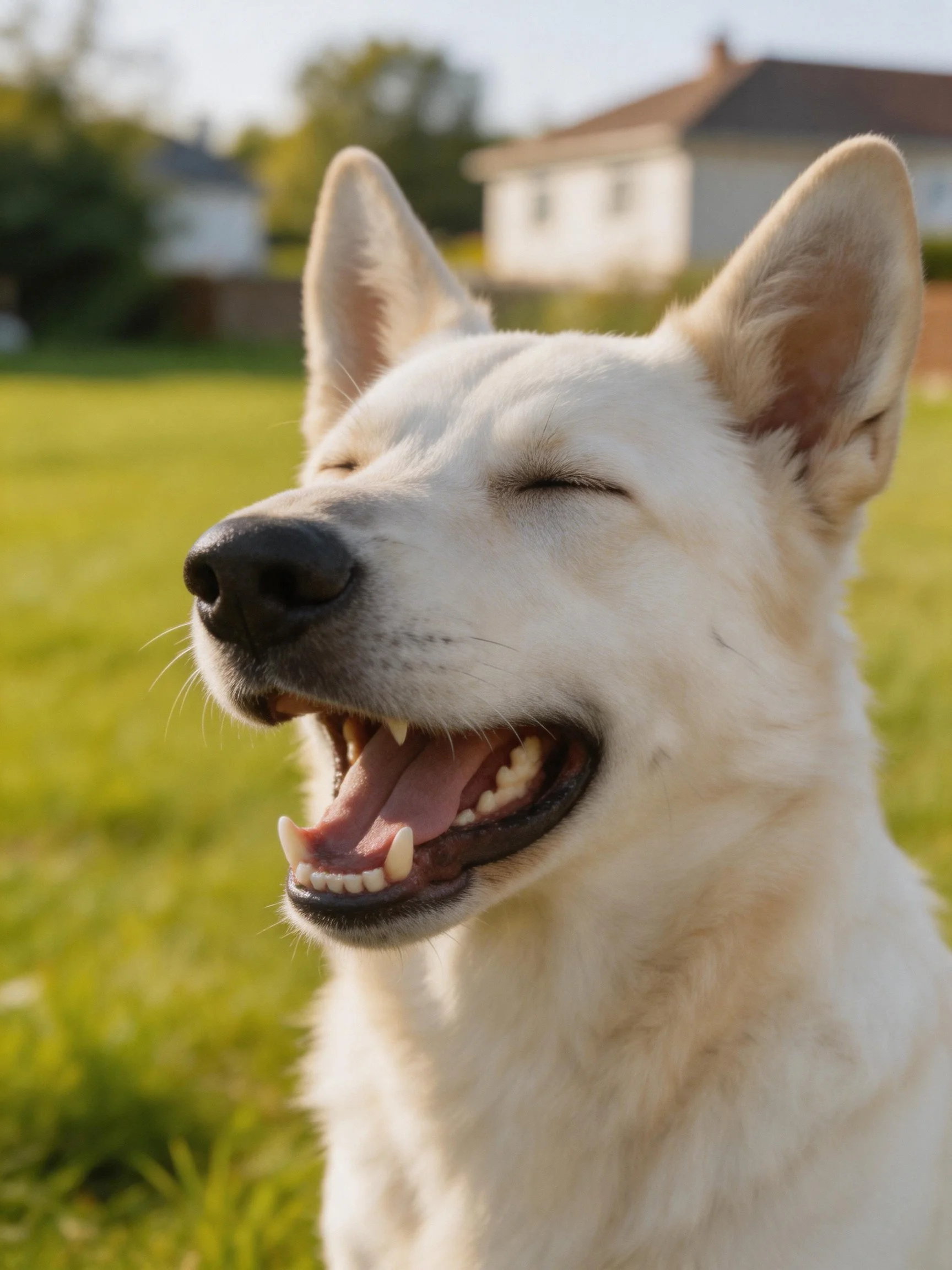 A white dog appears joyful with eyes closed in an outdoor area