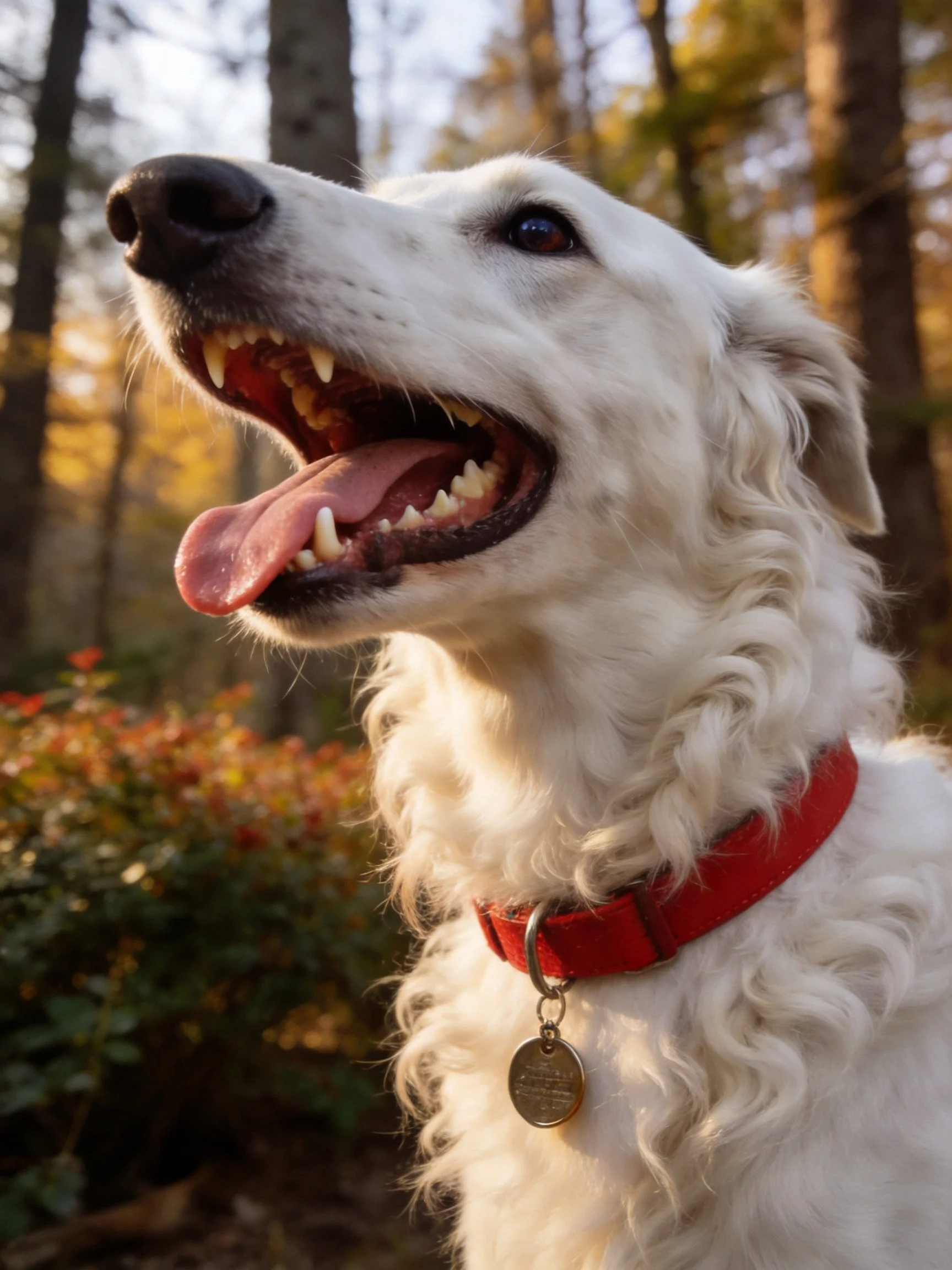 A white dog with a red collar is in a sunlit forest setting.