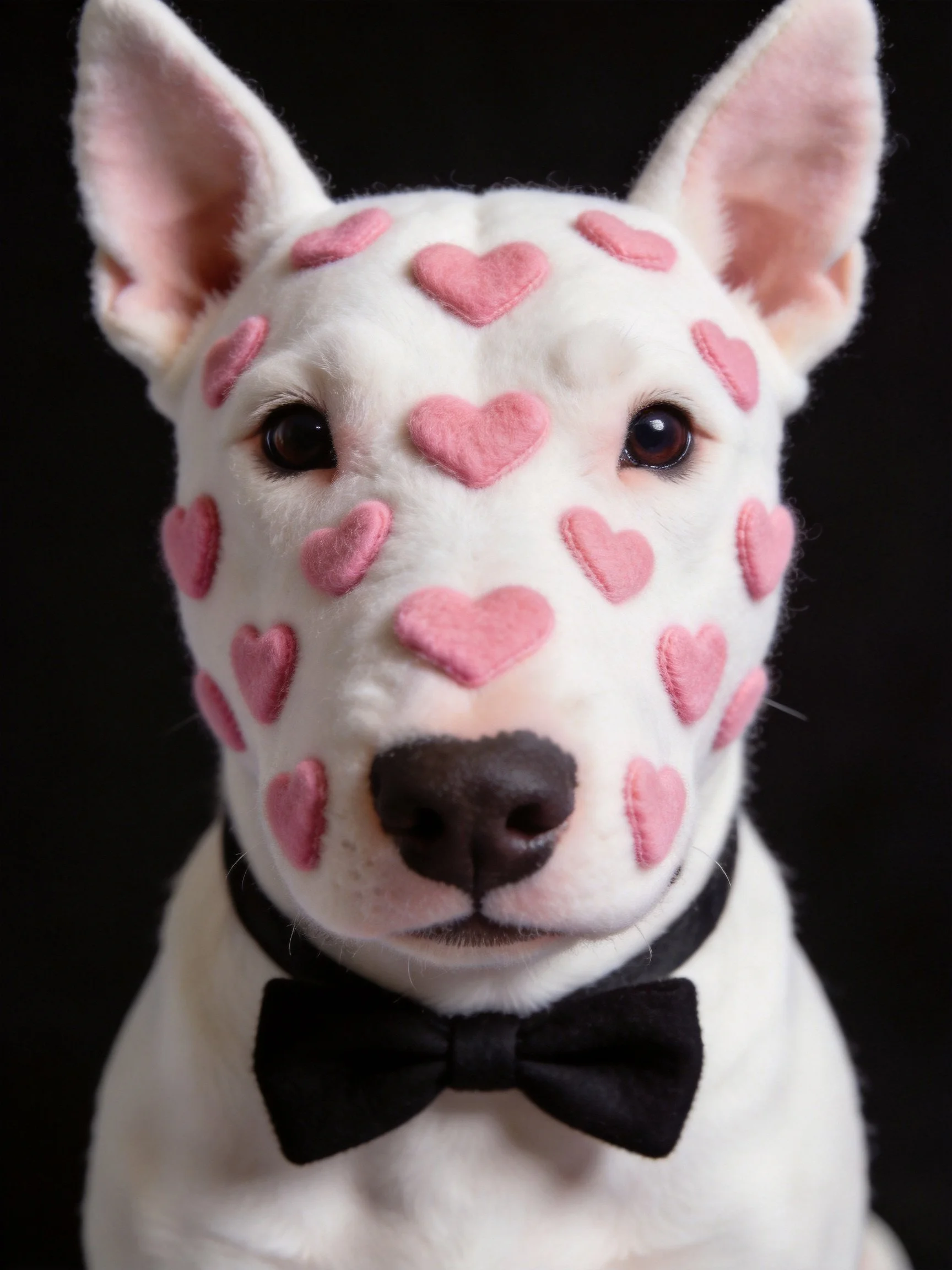 A white dog decorated with pink hearts and wearing a black bow tie is displayed against a dark background.