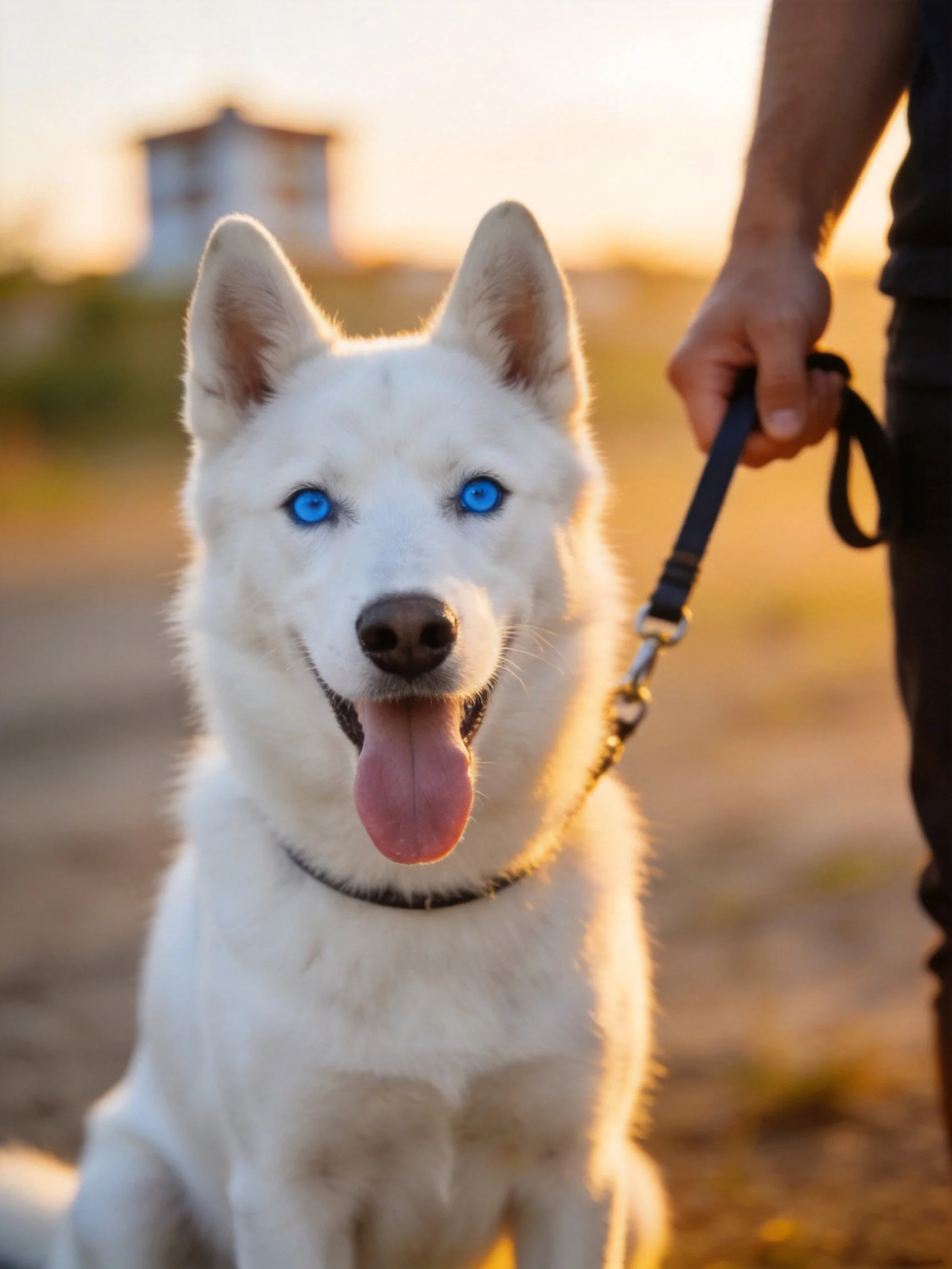 A white dog with blue eyes sits leashed next to a person in an outdoor area.