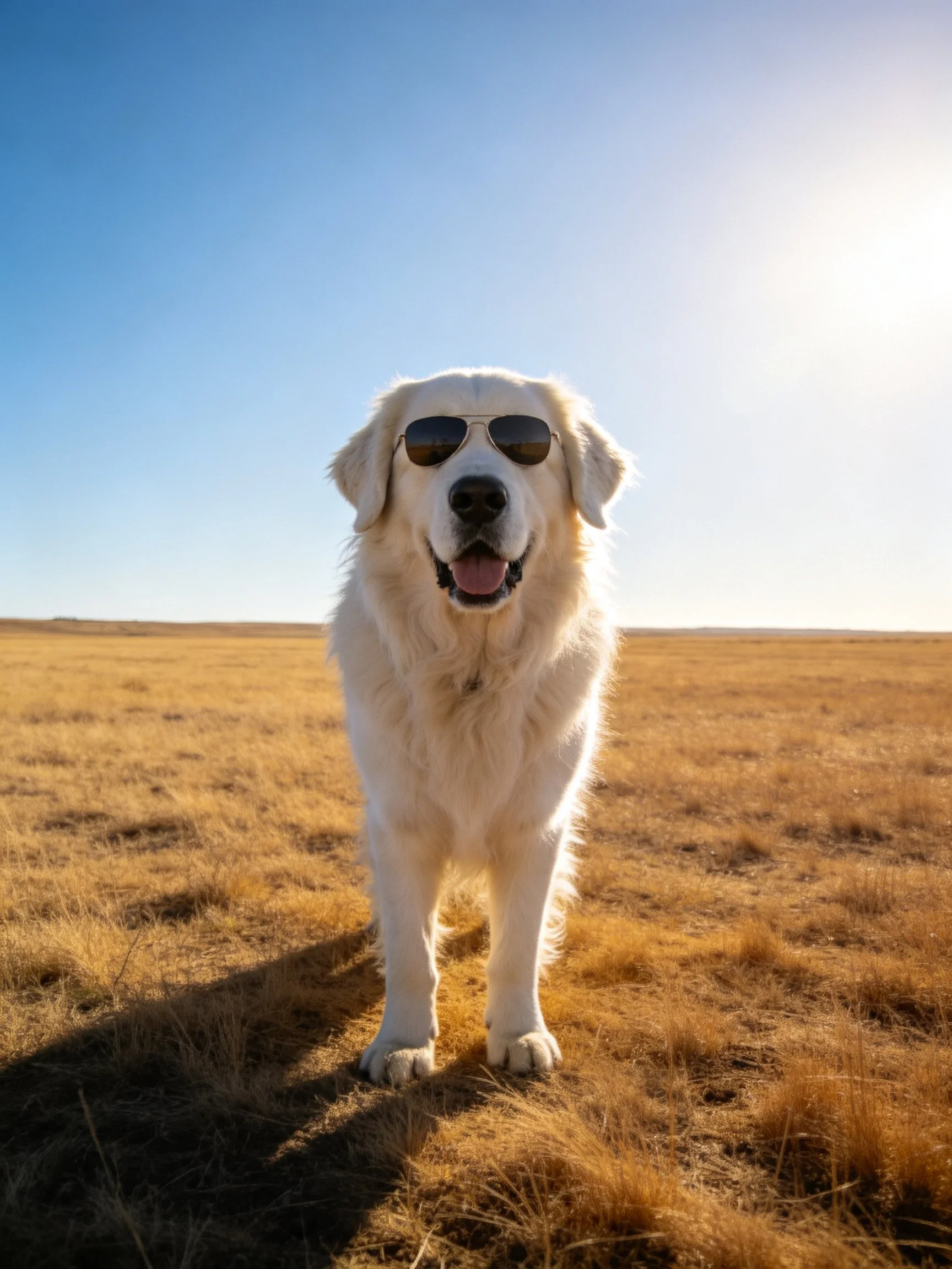 A white dog with sunglasses stands in a golden field under a clear blue sky
