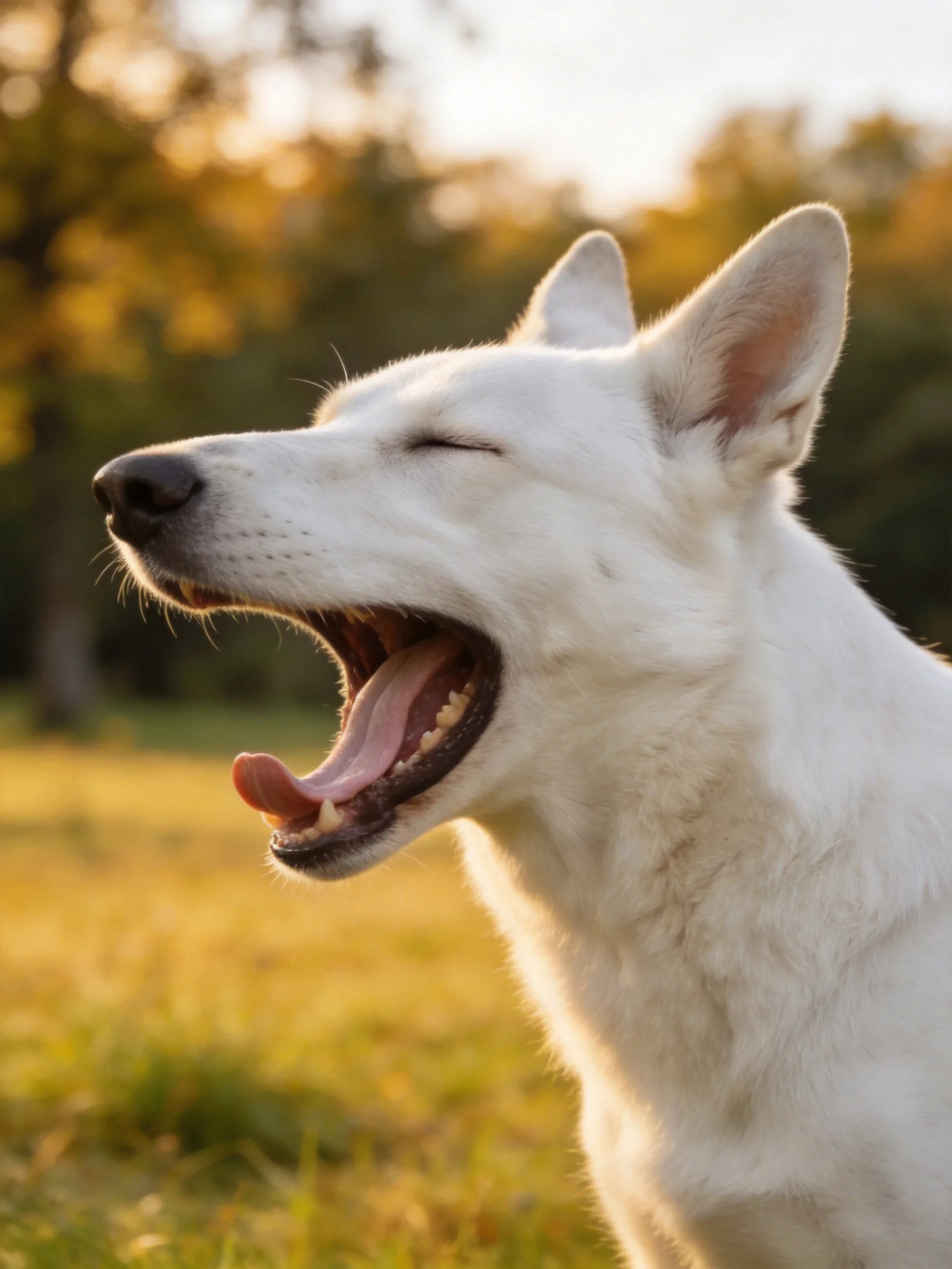A white dog enjoys a relaxed moment yawning in a sunlit outdoor space.
