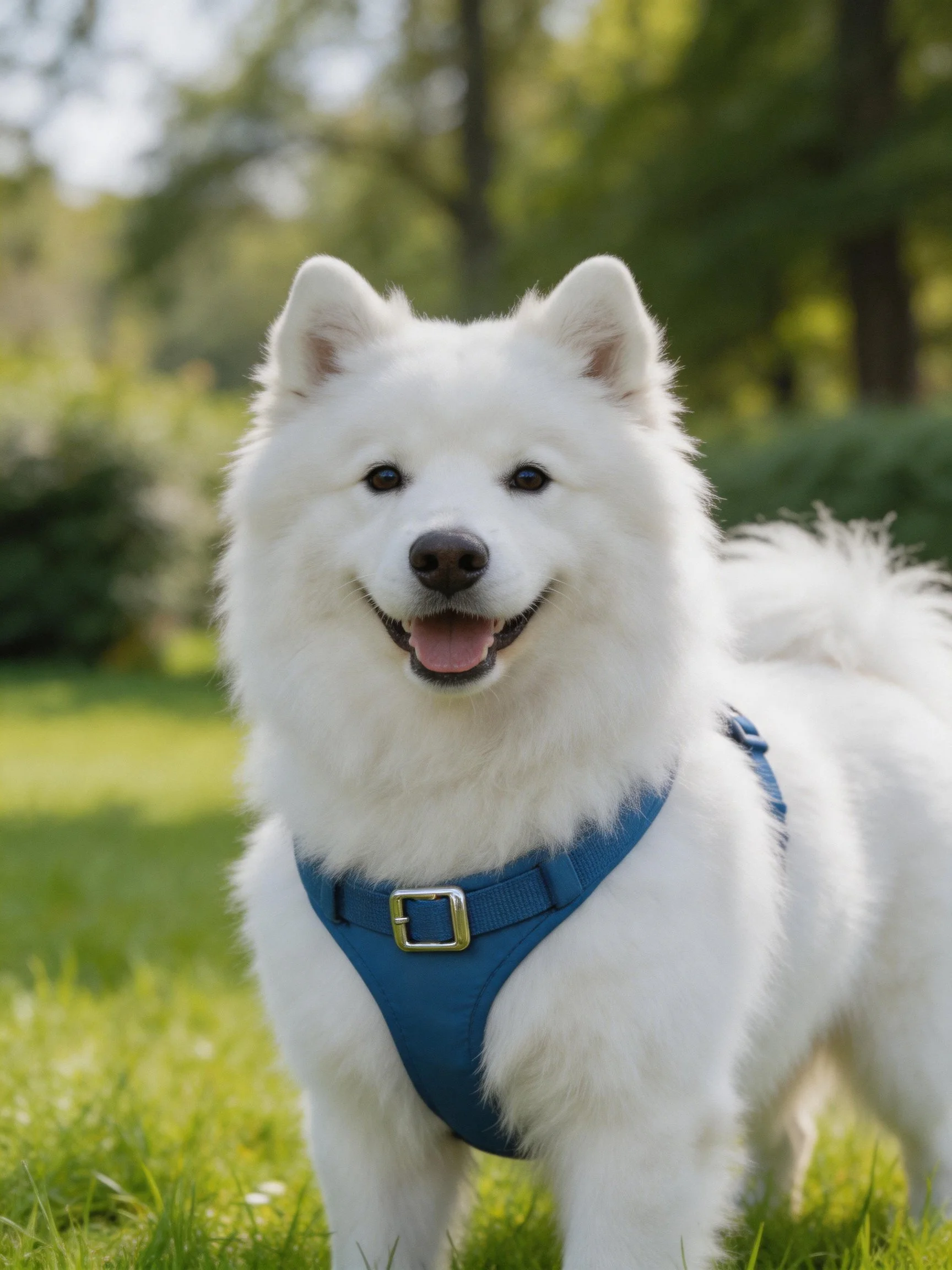 A white Samoyed dog with a blue harness stands on grass in a sunny outdoor space.