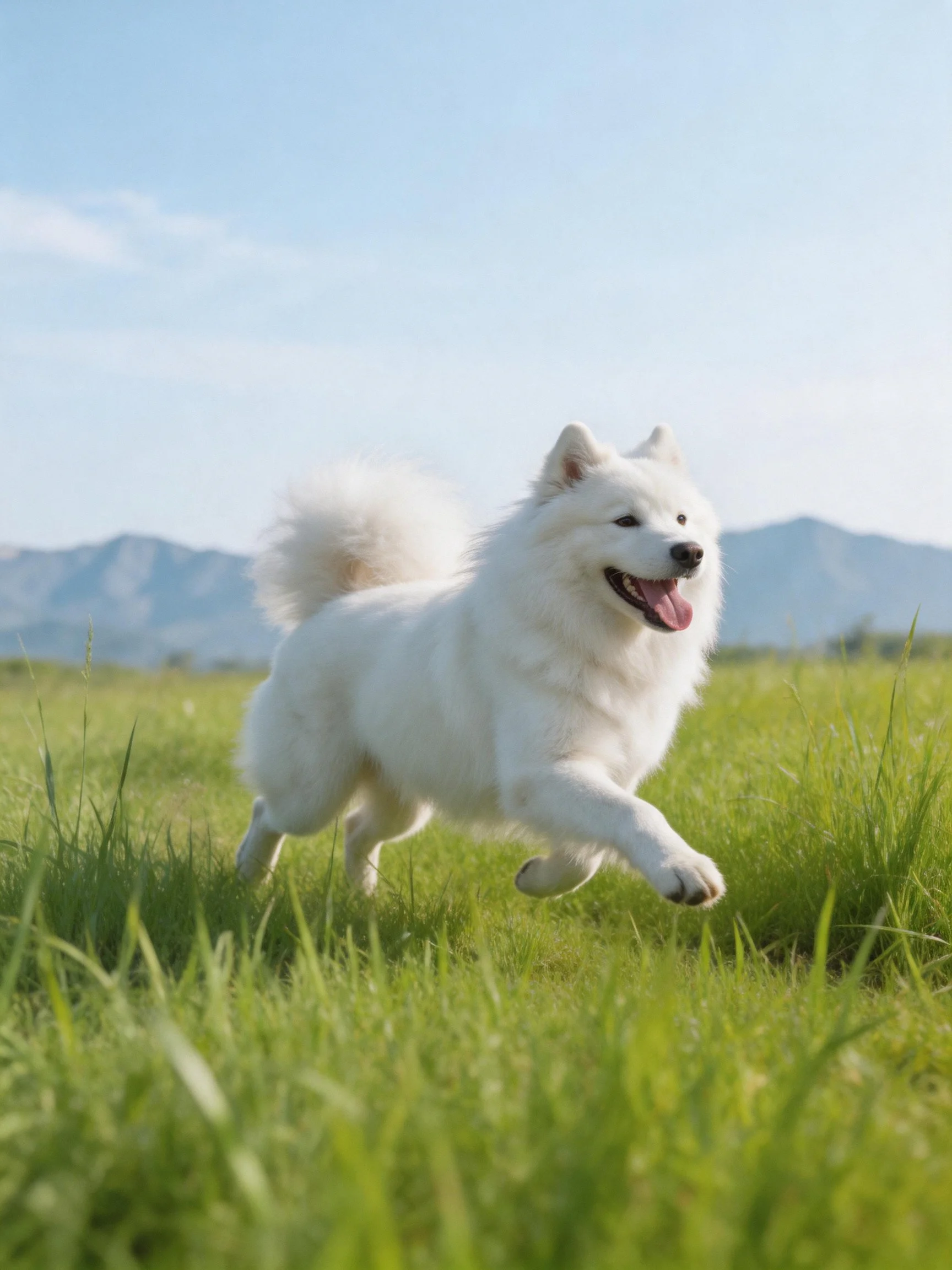 A white Samoyed dog joyfully runs through a green meadow with distant mountains.