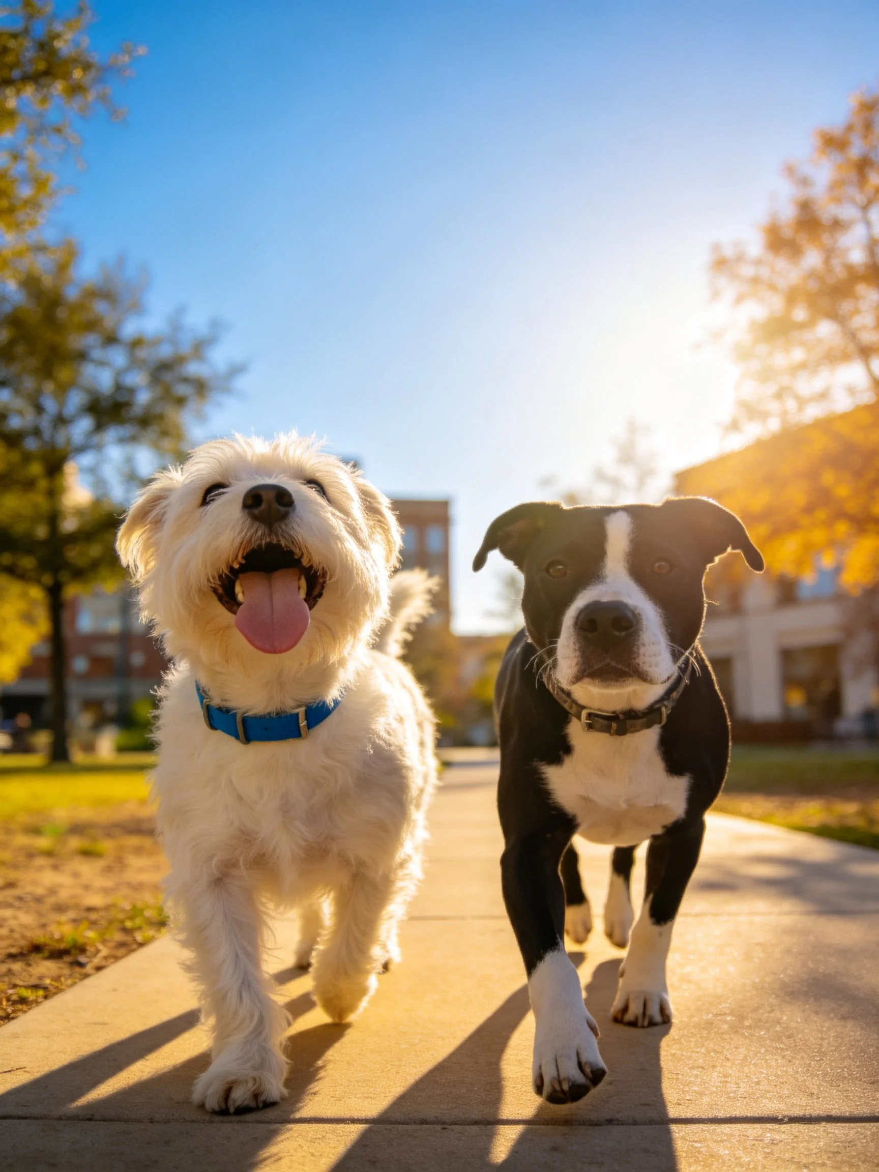 A white fluffy dog and a black-and-white dog walk on a sunlit sidewalk