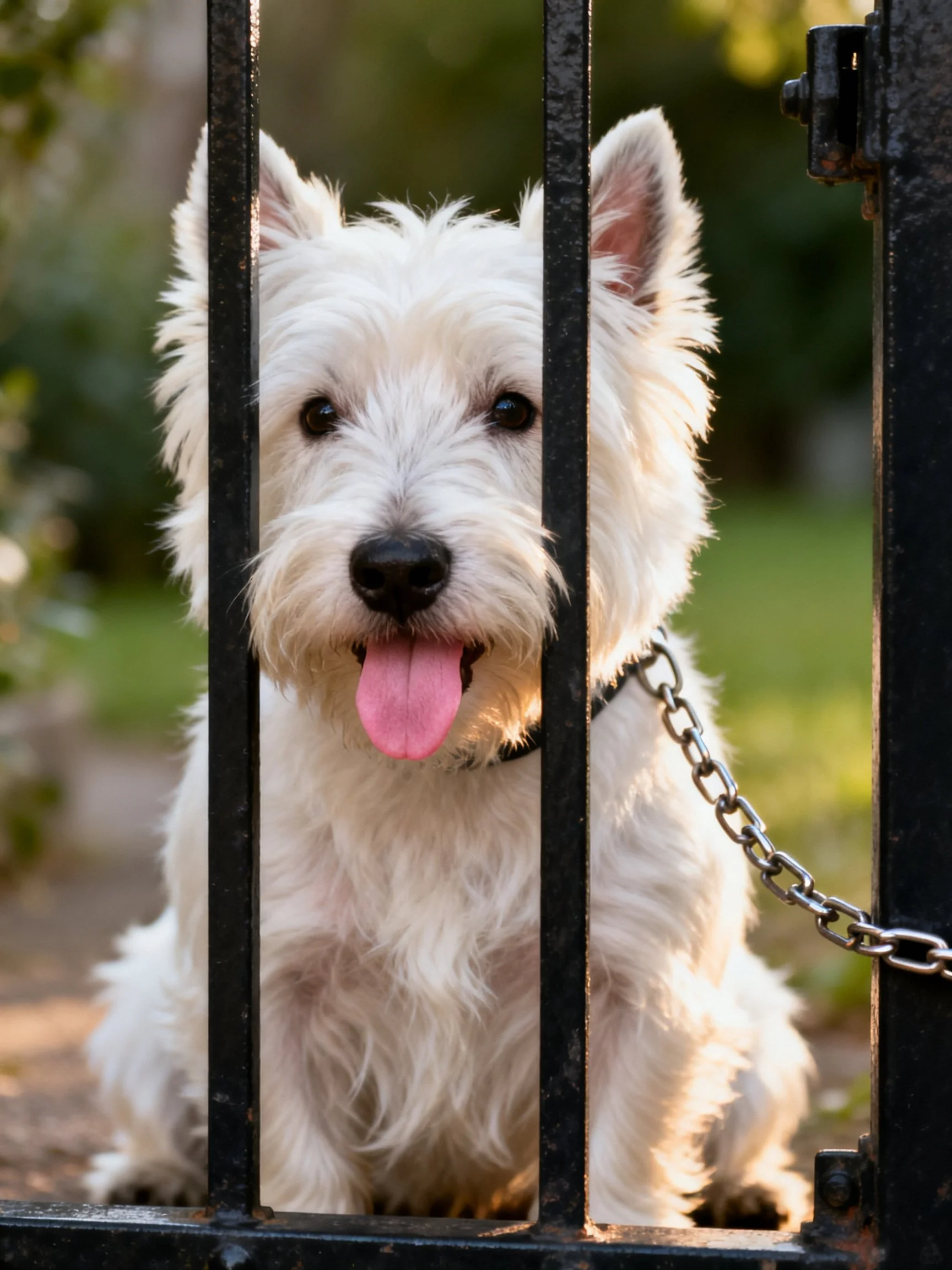 A white dog sits behind black metal fence bars outdoors.