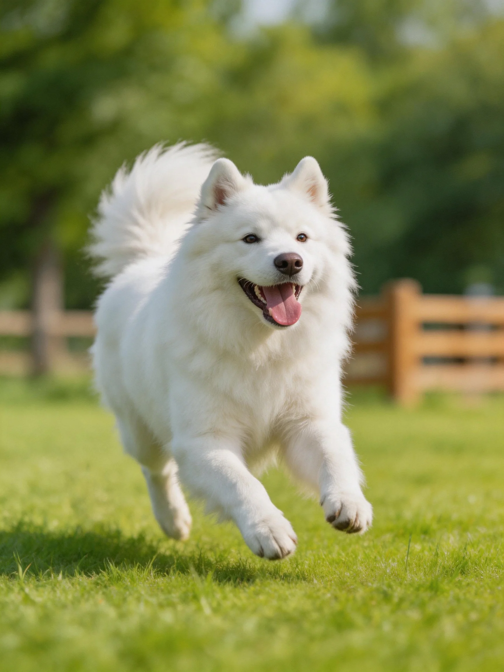 A white fluffy dog happily runs on a green lawn outdoors.