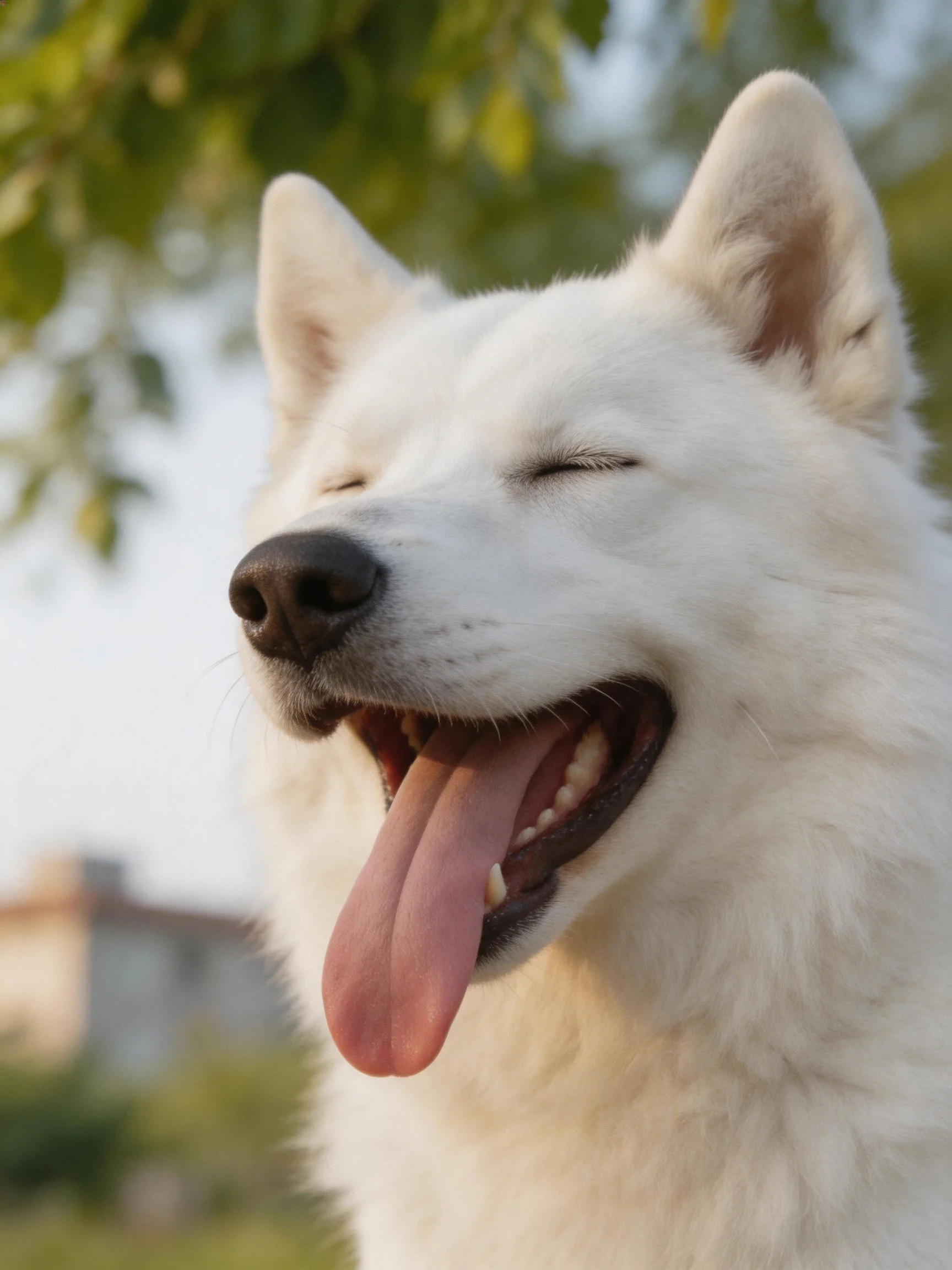A white dog appears joyful with eyes closed outdoors.