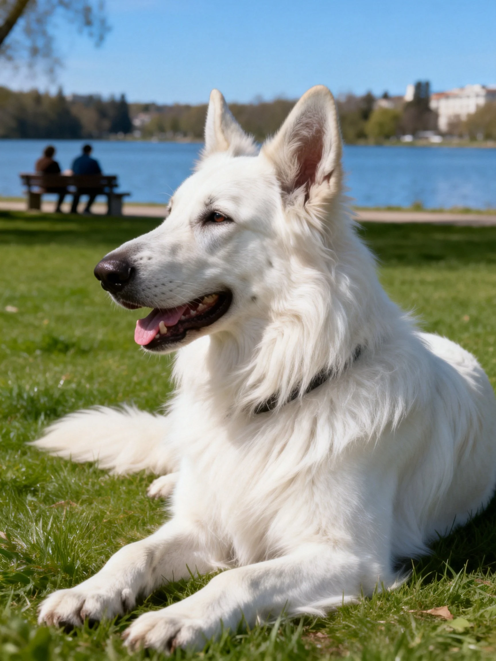 A white dog rests on grass near a blue lake with people in the distance.