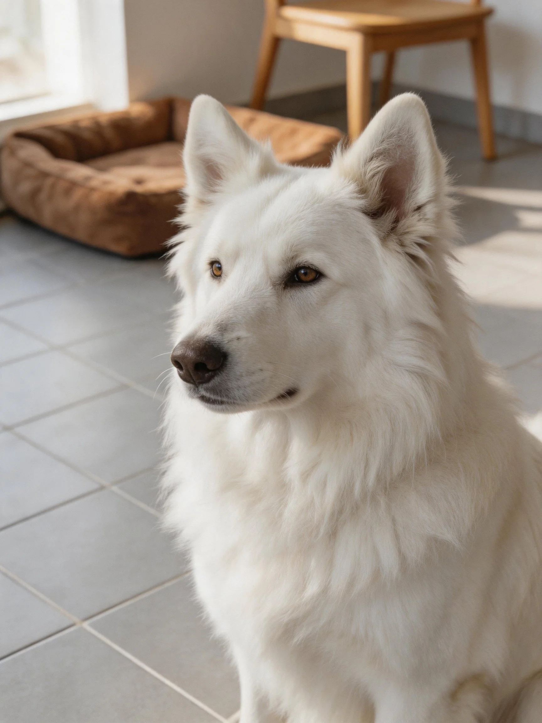 A white fluffy dog sits indoors near a pet bed and wooden chair.