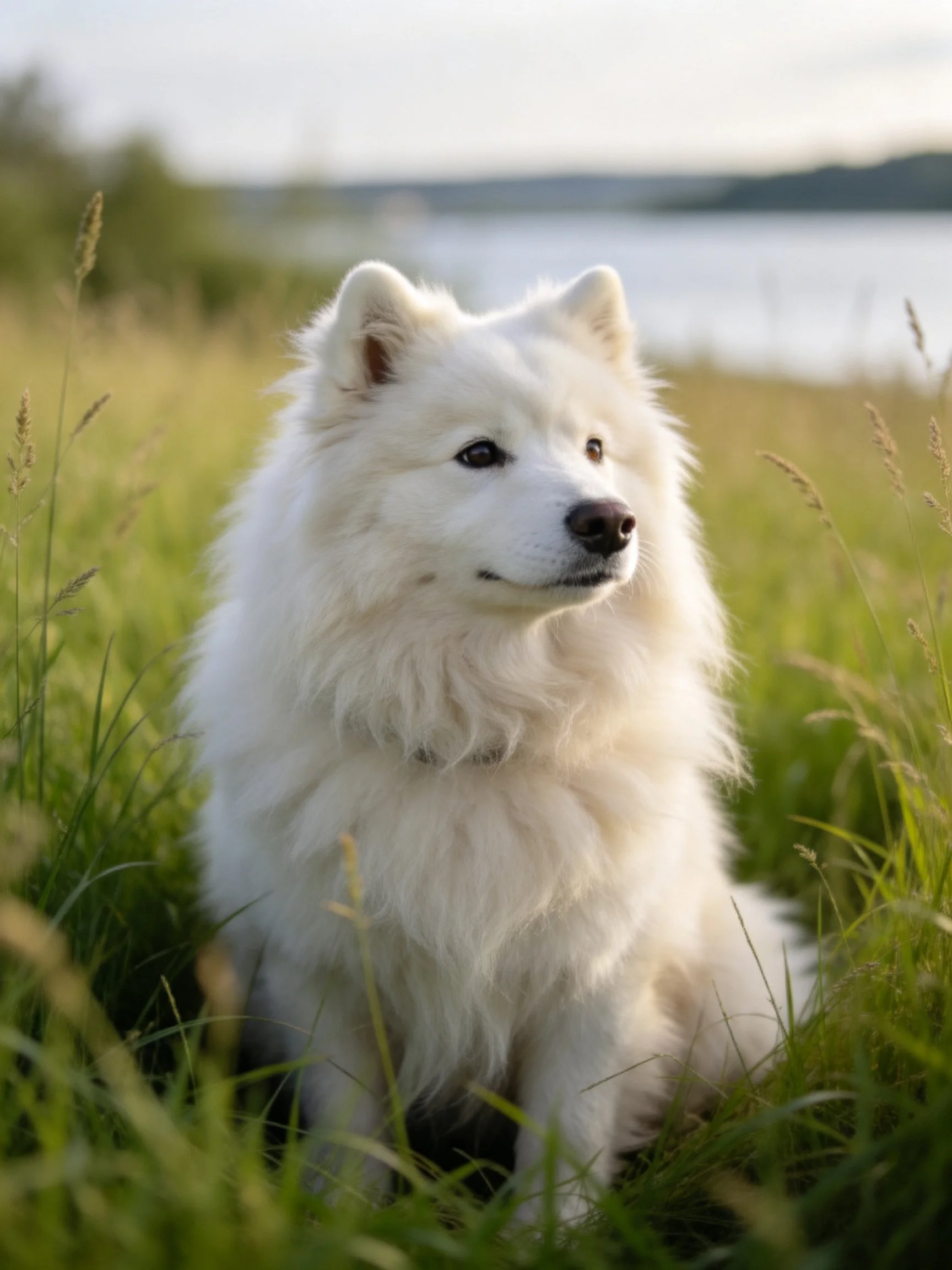 A white fluffy dog sits calmly among tall grass near a peaceful body of water.