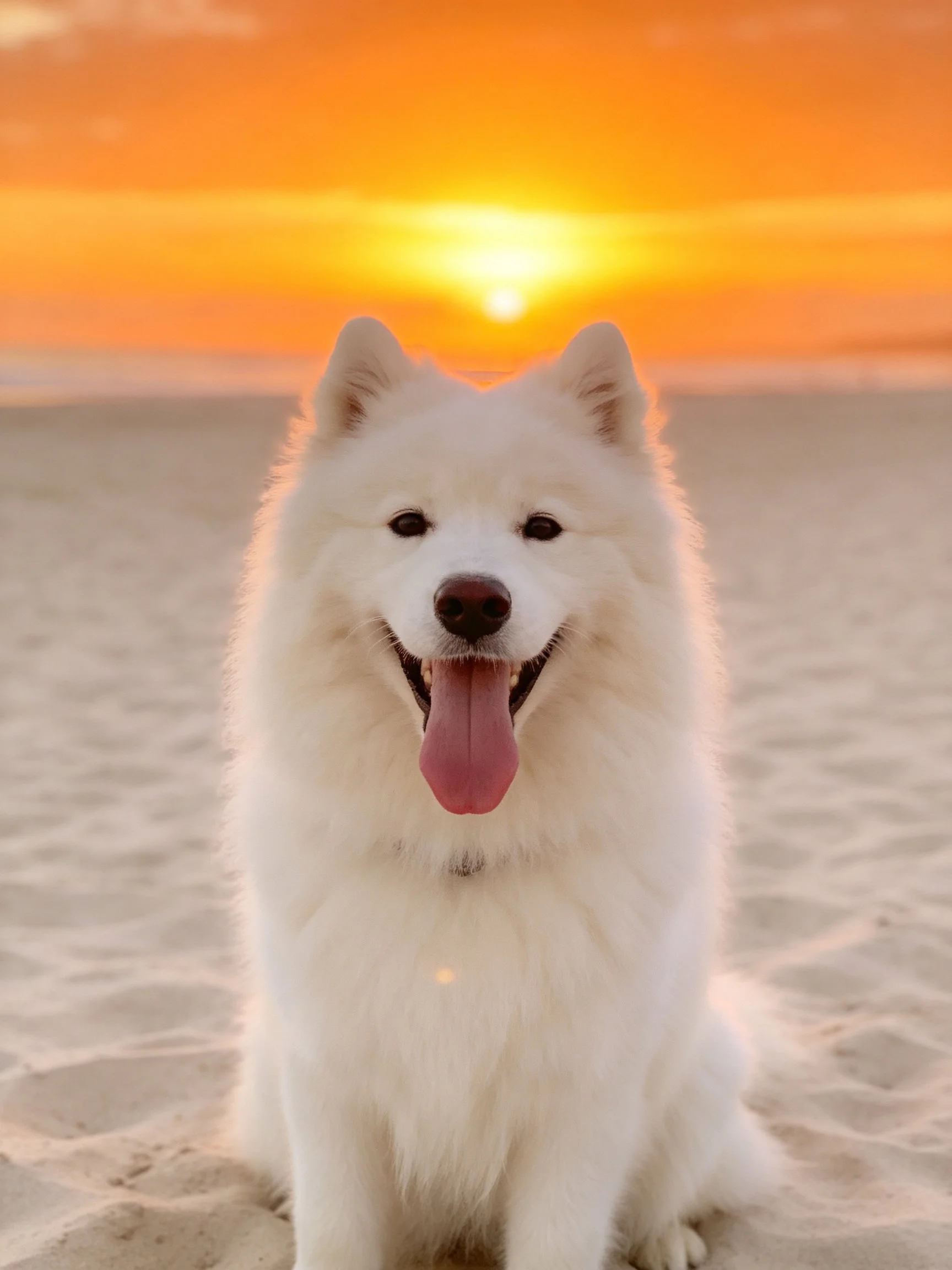 A white fluffy dog sits on sand with a bright orange sunset in the background.
